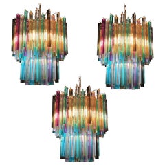 Three Chandeliers Multi-Color Triedri, 107 Prism, Murano, 1970s