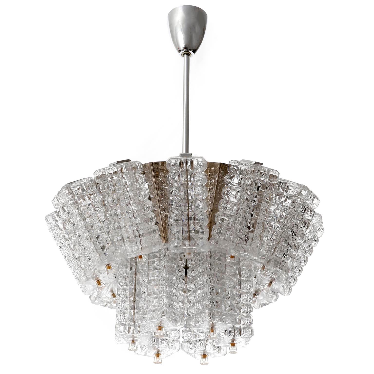Brutalist One of Three Chandeliers Pendant Lights by Austrolux, Chrome Glass, Austria 1960 For Sale
