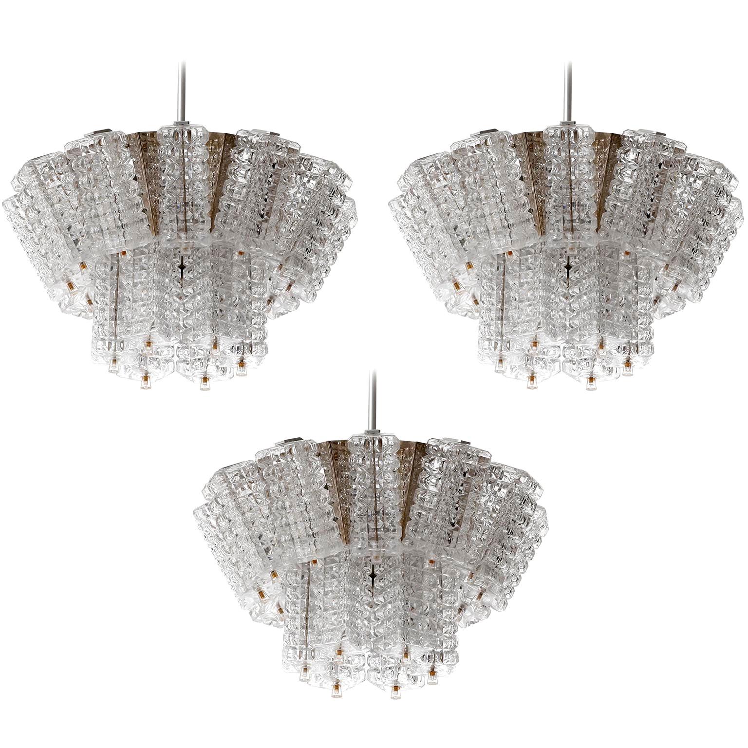 One of Three Chandeliers Pendant Lights by Austrolux, Chrome Glass, Austria 1960