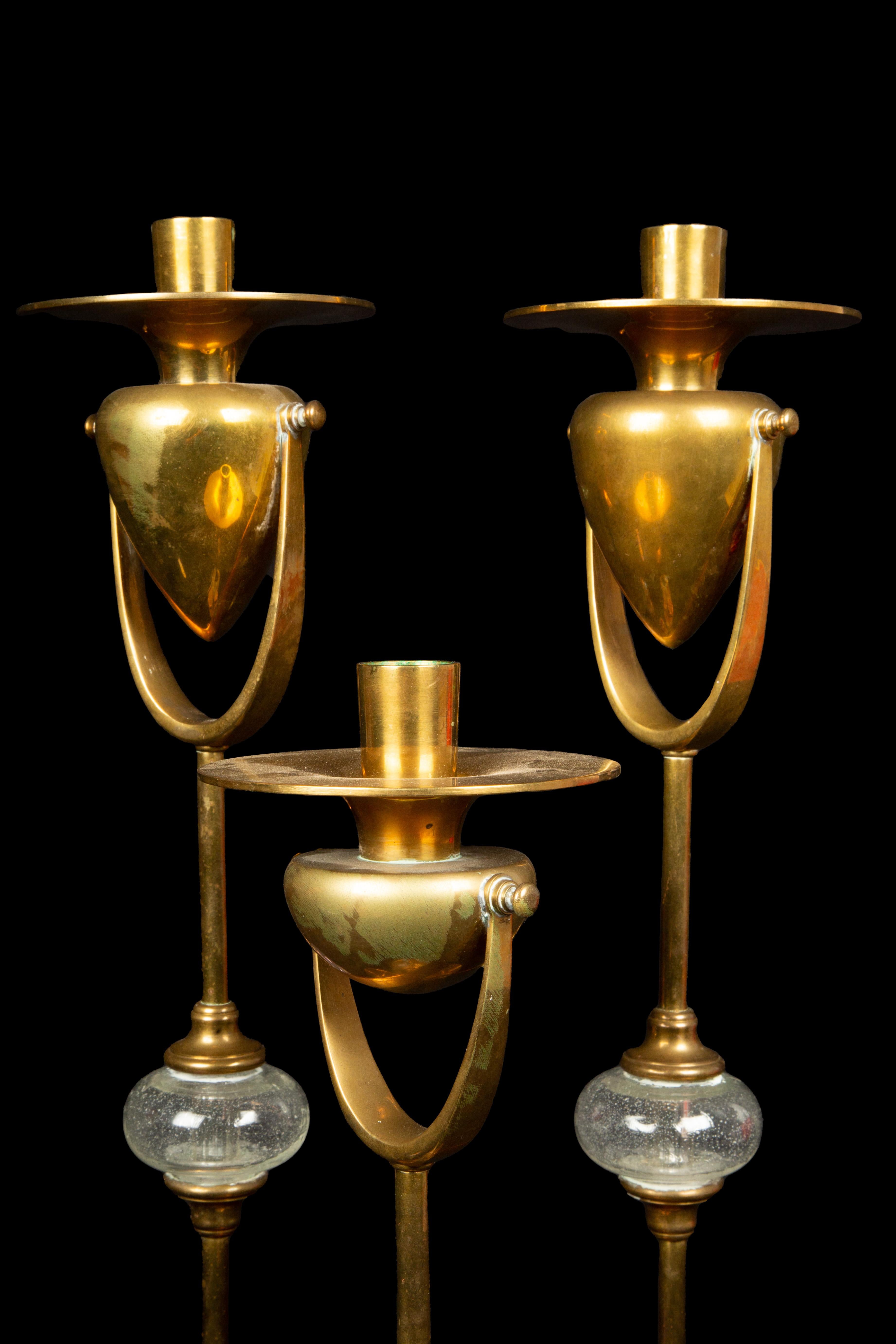 Mid-Century Modern Three Chapman Brass and Glass Candlesticks
