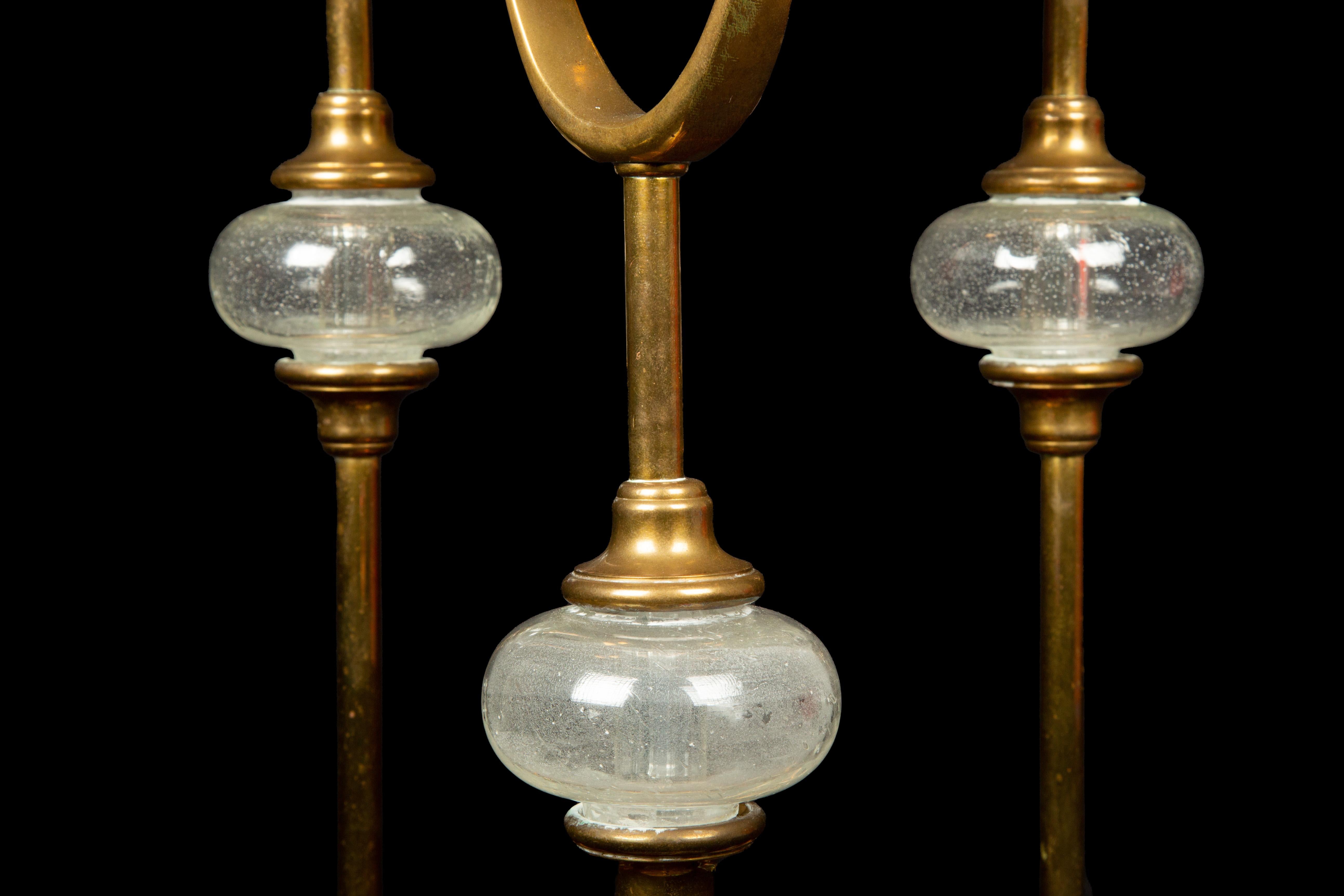 American Three Chapman Brass and Glass Candlesticks