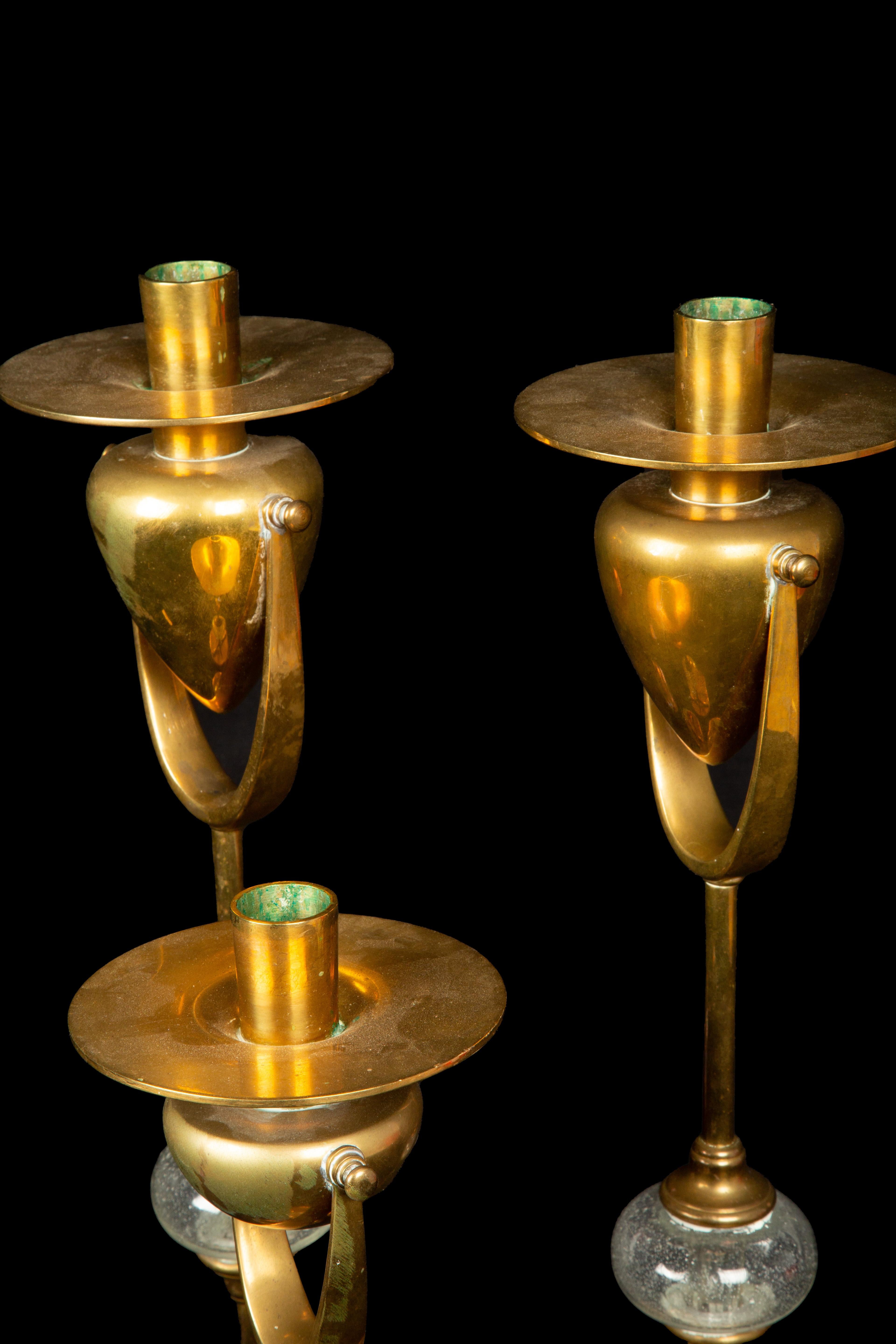 20th Century Three Chapman Brass and Glass Candlesticks