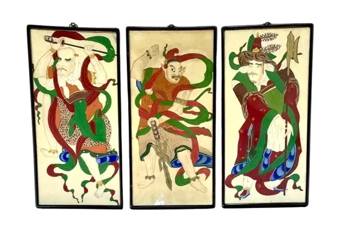 Tres paneles de antiguos guerreros chinos siglo XX en venta
