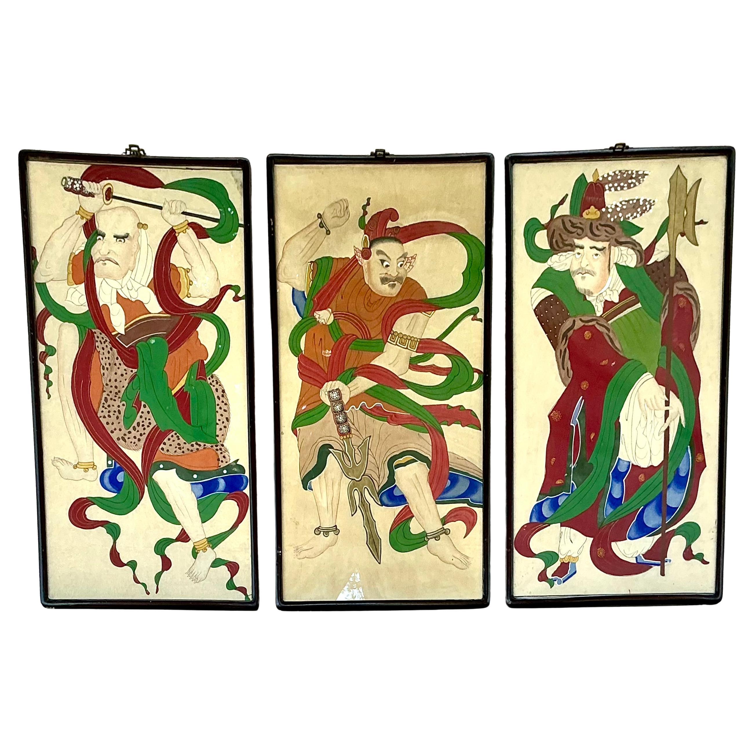 Tres paneles de antiguos guerreros chinos en venta
