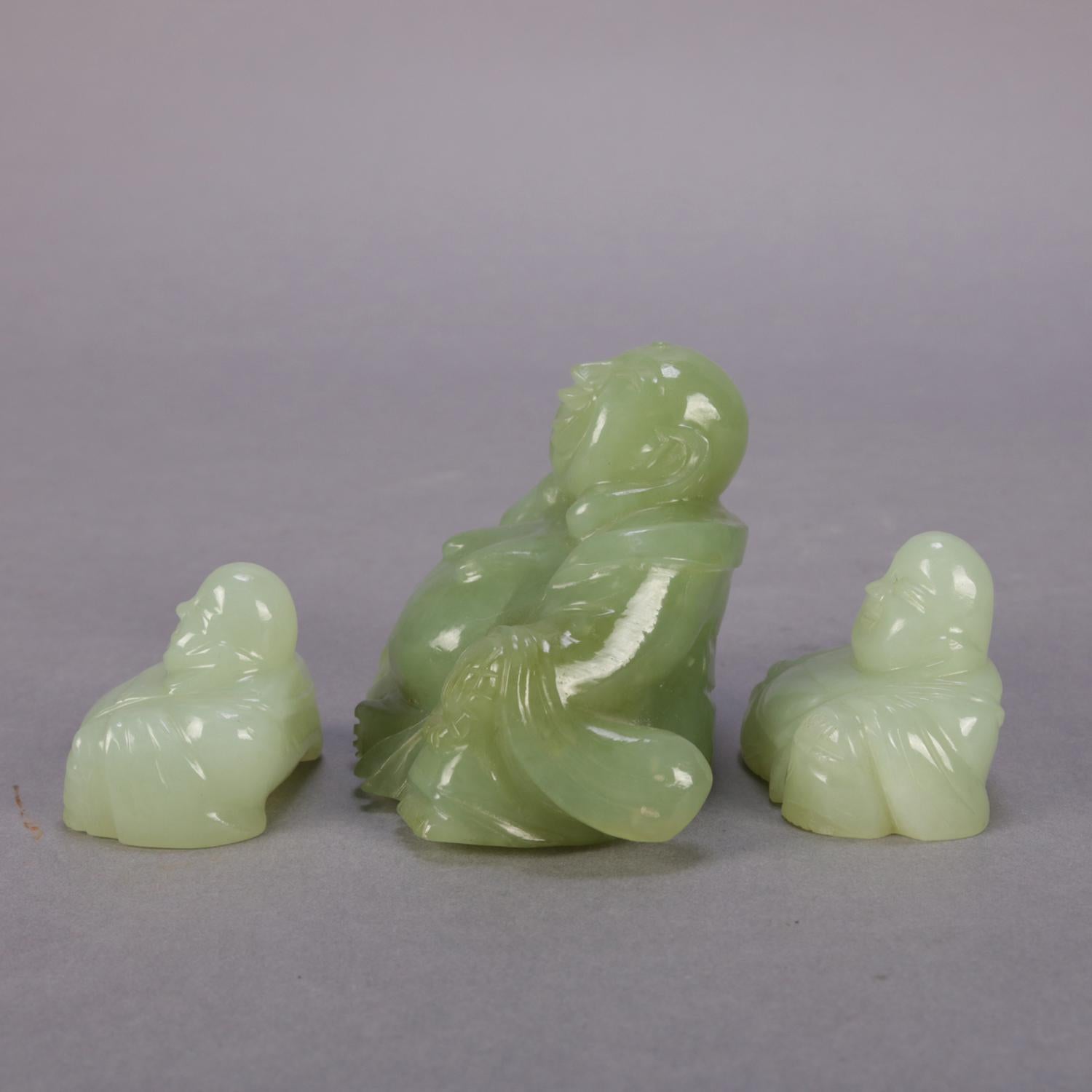 Hand-Carved Three Chinese Carved Jade Figural Sculptures of Laughing Buddha, Budai