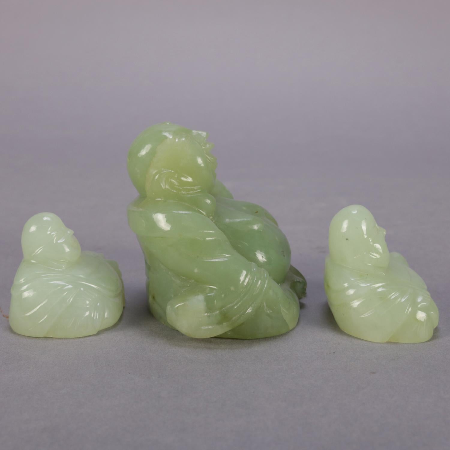 20th Century Three Chinese Carved Jade Figural Sculptures of Laughing Buddha, Budai
