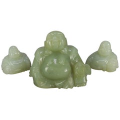 Vintage Three Chinese Carved Jade Figural Sculptures of Laughing Buddha, Budai