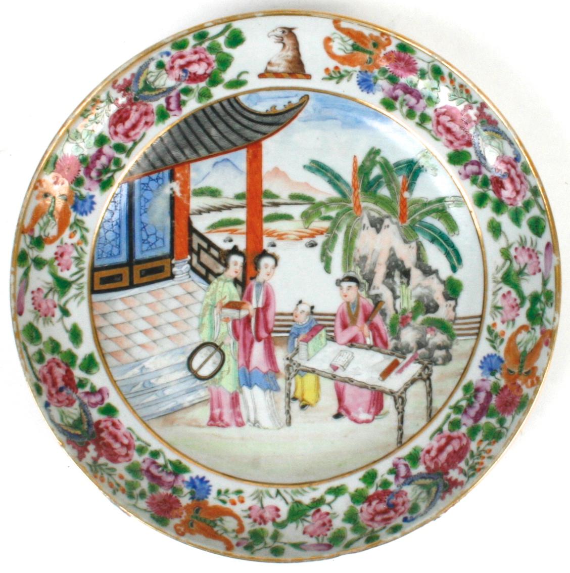 Hand-Painted Three Chinese Export Rose Mandarin Cabinet Plates, Late 18th Century