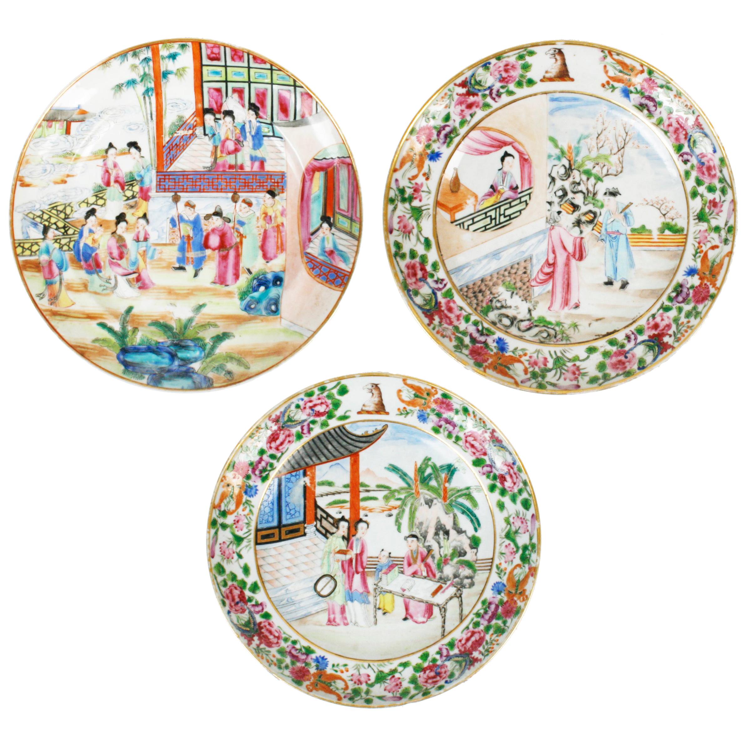 Three Chinese Export Rose Mandarin Cabinet Plates, Late 18th Century