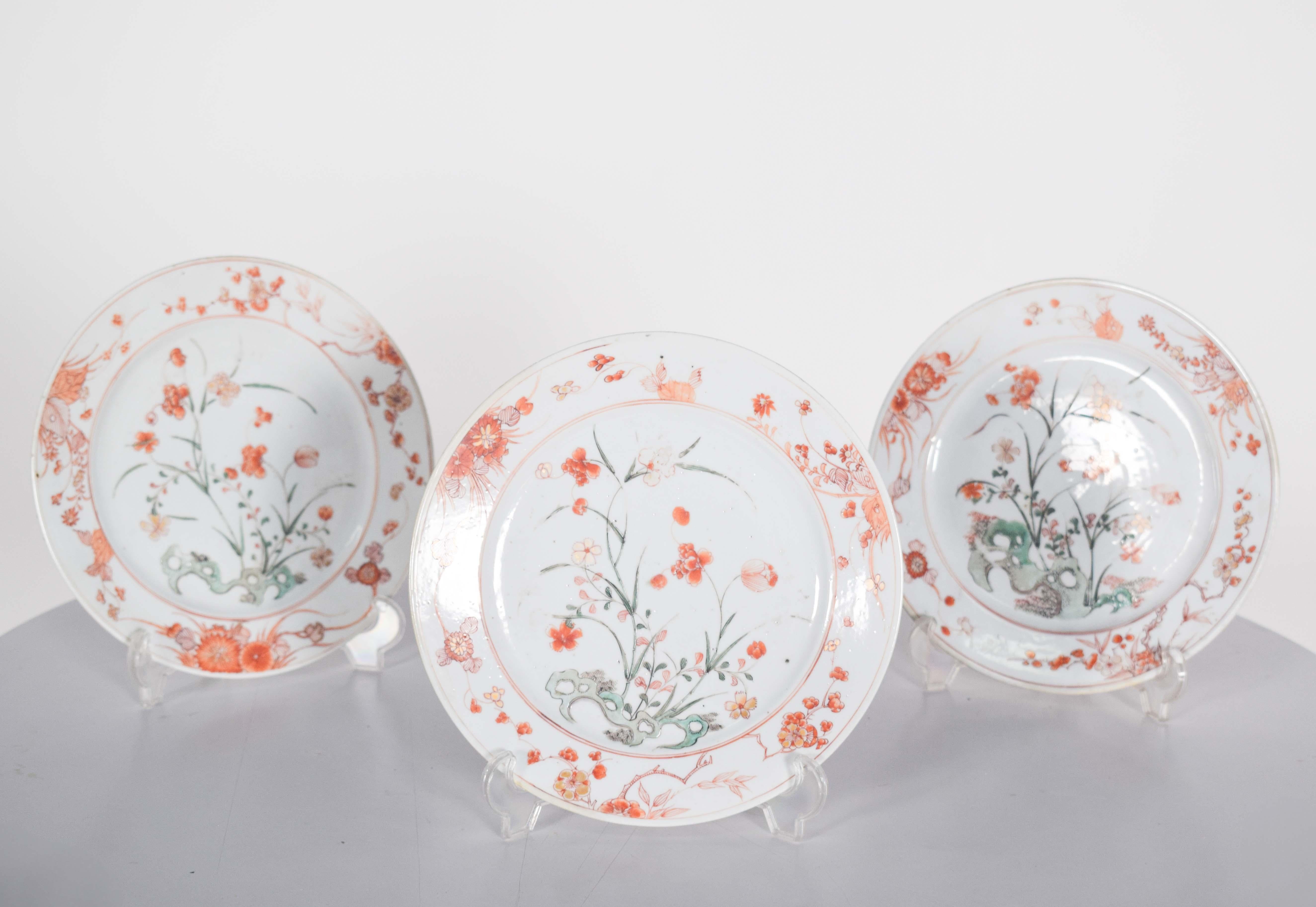 Rococo Three Chinese Kangxi Porcelain Plates For Sale
