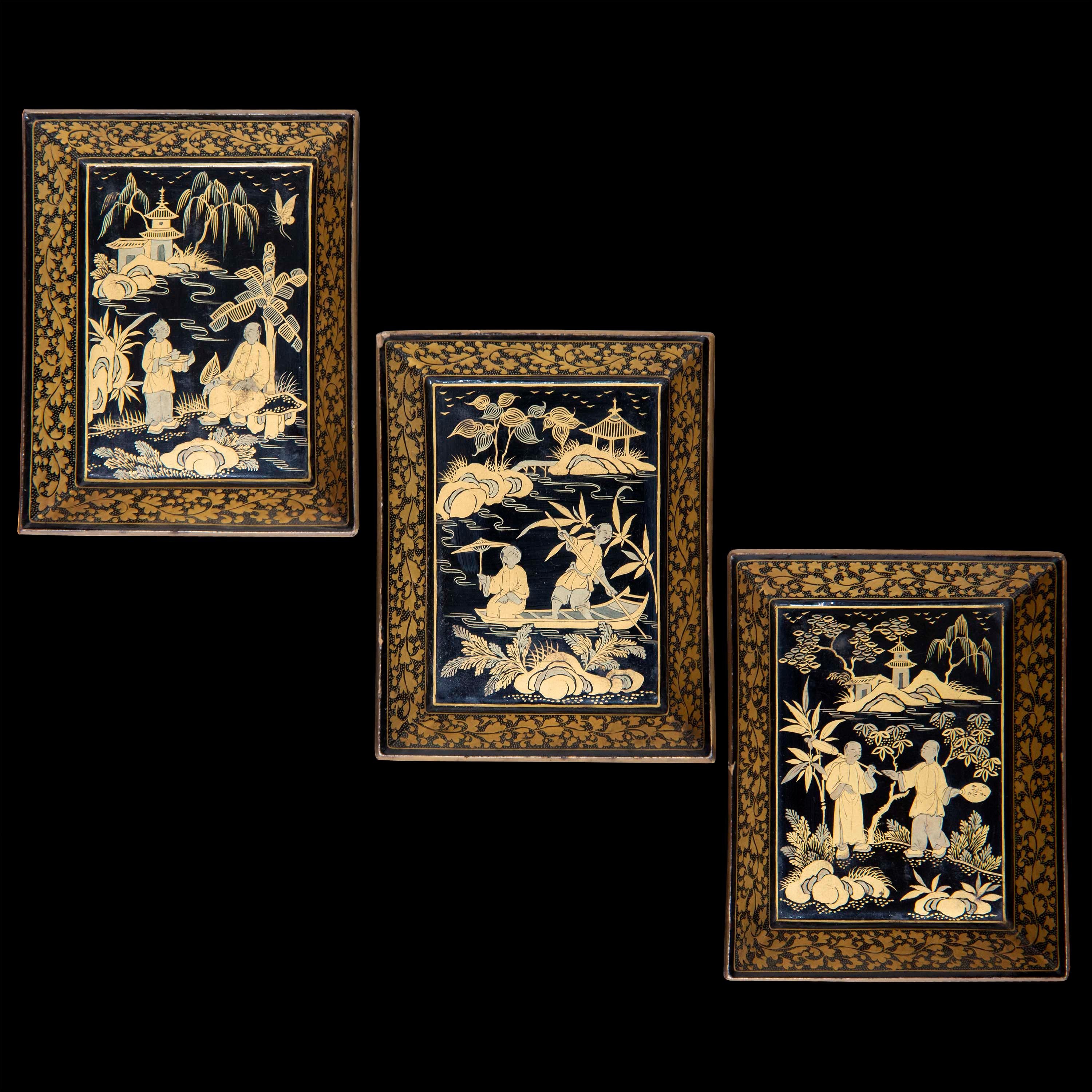 Gilt Three Chinese Lacquer Trays 19th Century Qing Dynasty