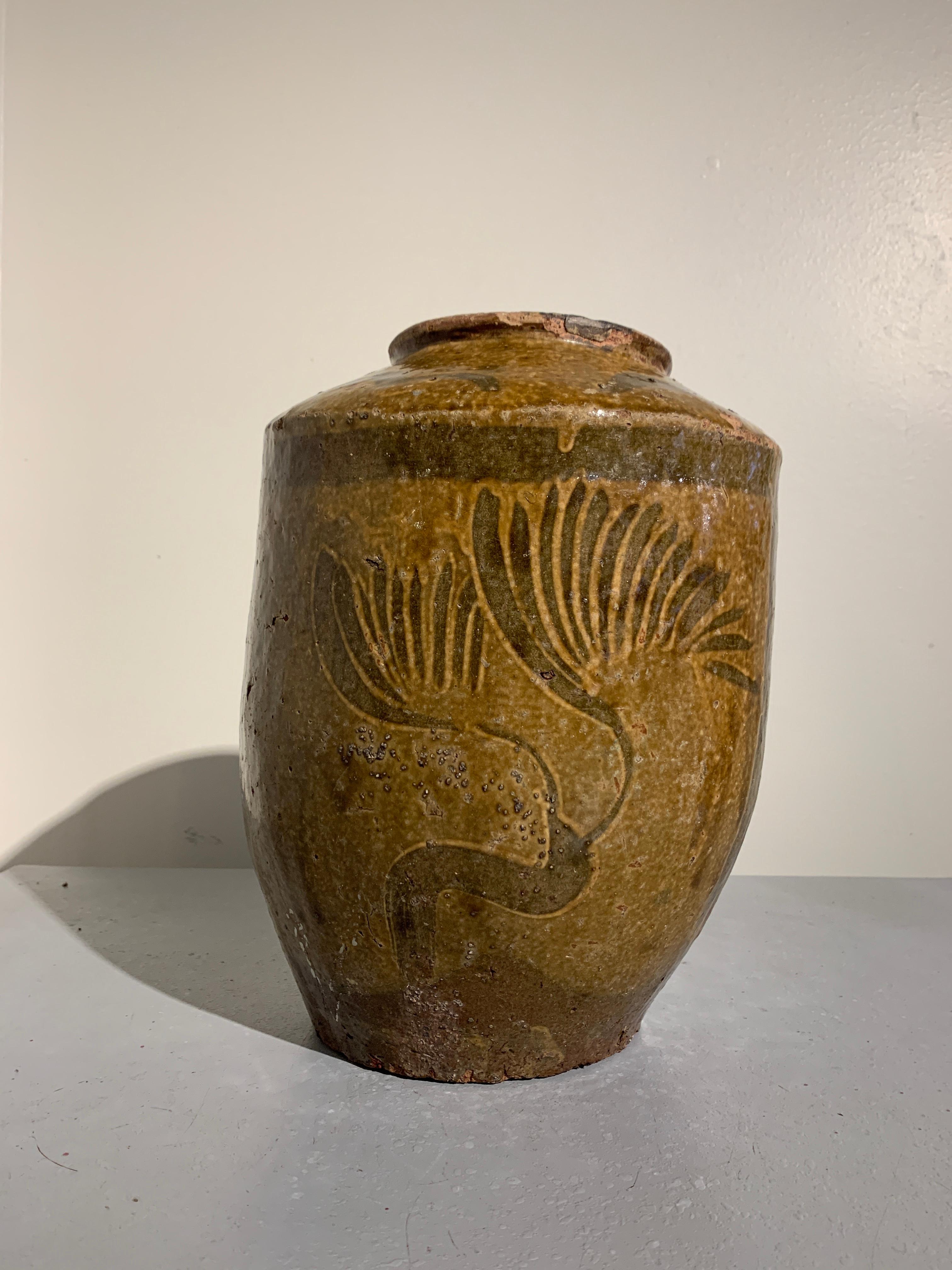 Stoneware Three Chinese Olive and Brown Glazed Storage Jars, Late 19th Century For Sale