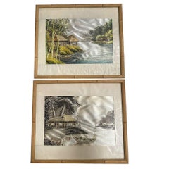 Three Chinese Silk Embroidery Tapestry Art Tropical Landscape in Rattan Frames