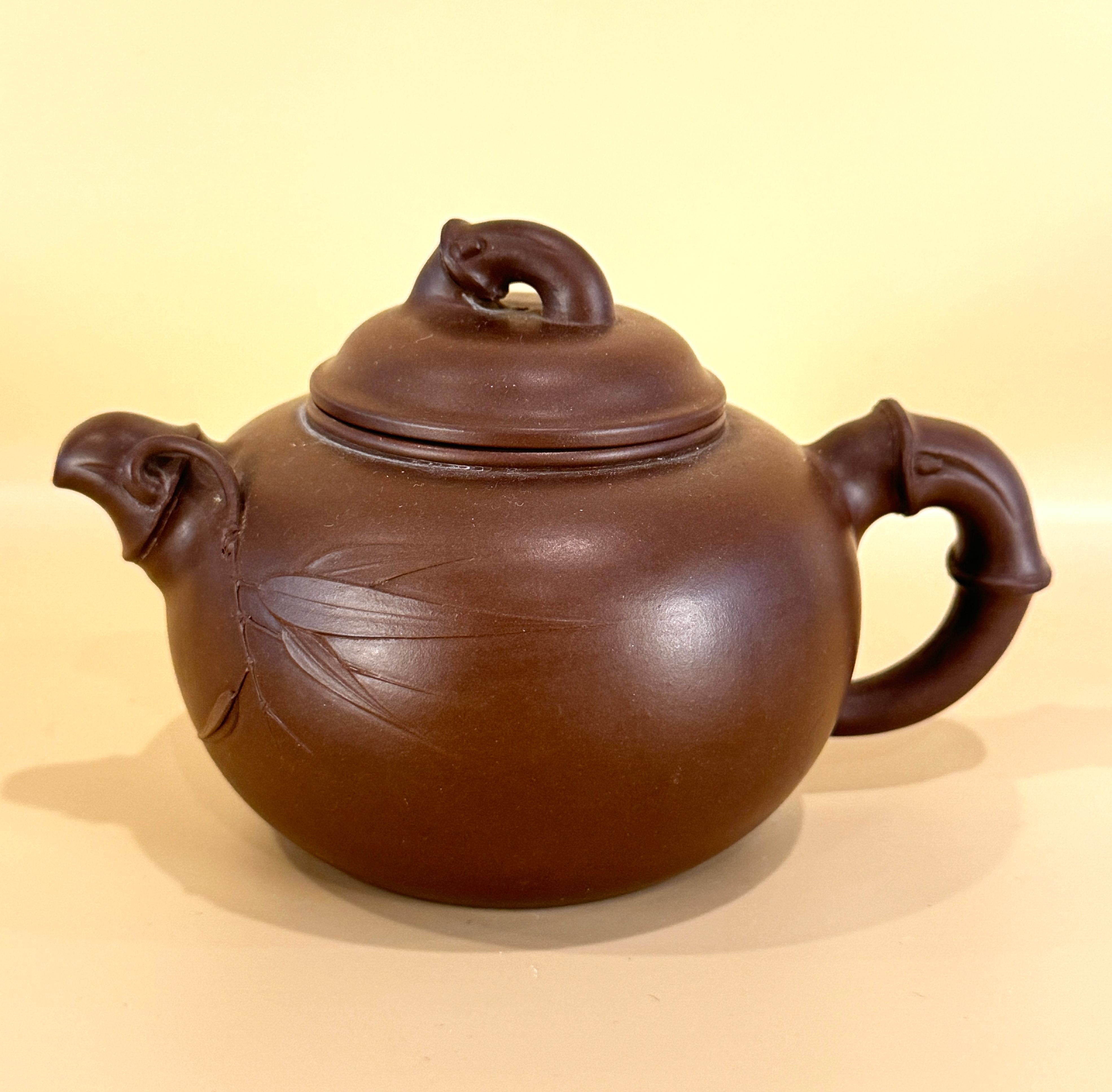 Three Chinese Yixing Clay Teapots with Bamboo Decoration For Sale 6