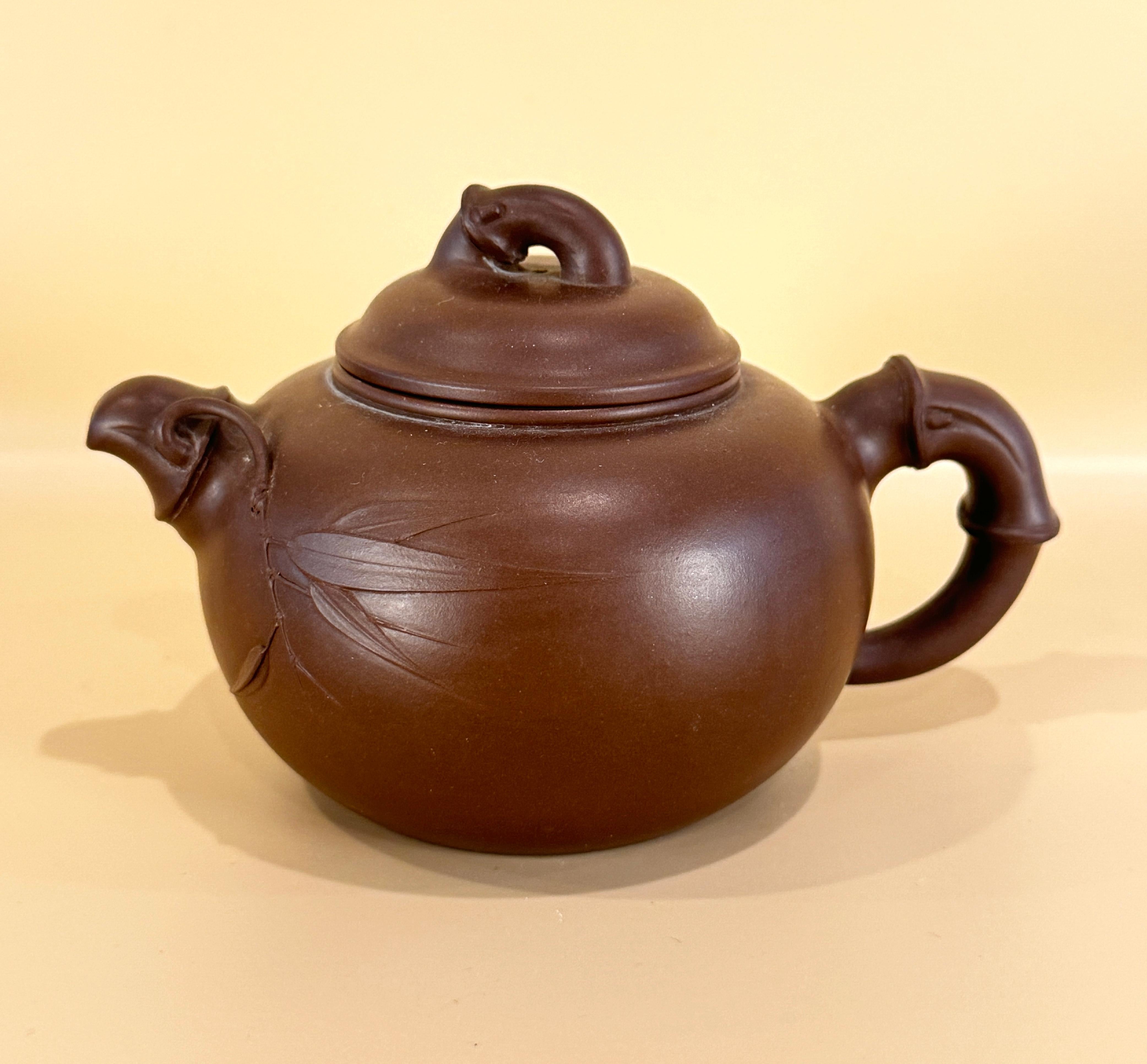 Three Chinese Yixing Clay Teapots with Bamboo Decoration For Sale 7