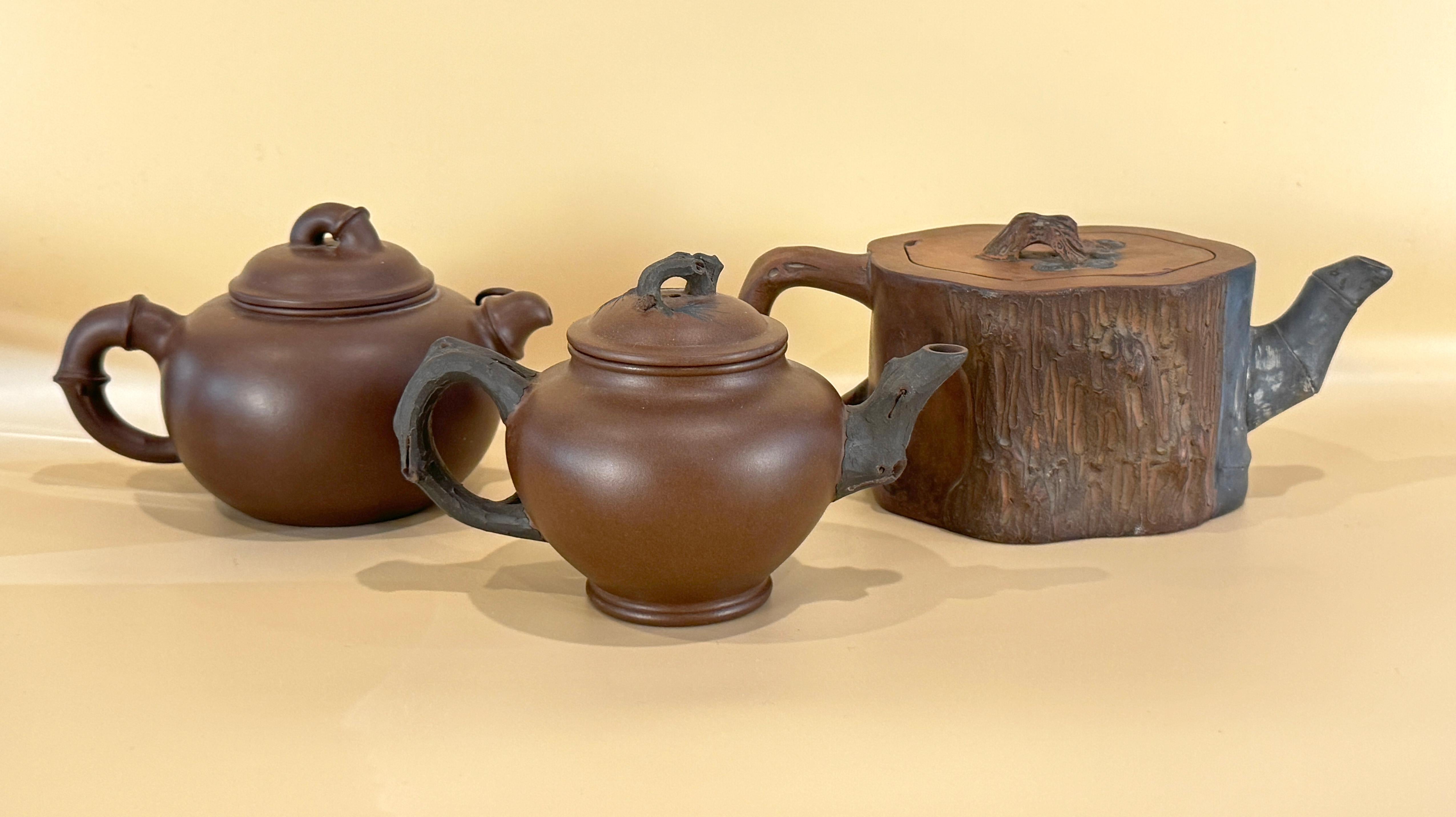 Three Chinese Yixing Clay Teapots with Bamboo Decoration In Fair Condition For Sale In Philadelphia, PA