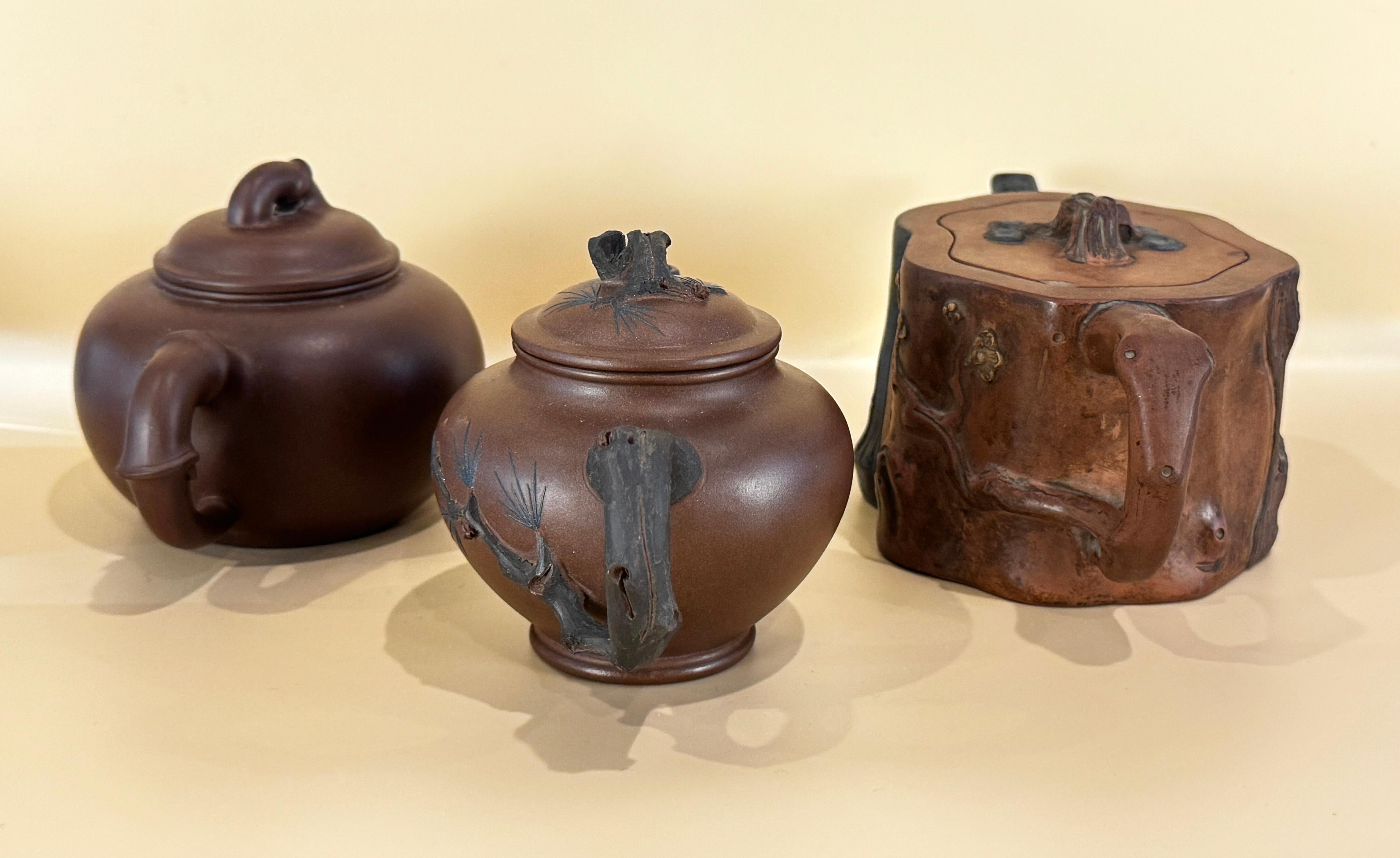 20th Century Three Chinese Yixing Clay Teapots with Bamboo Decoration For Sale