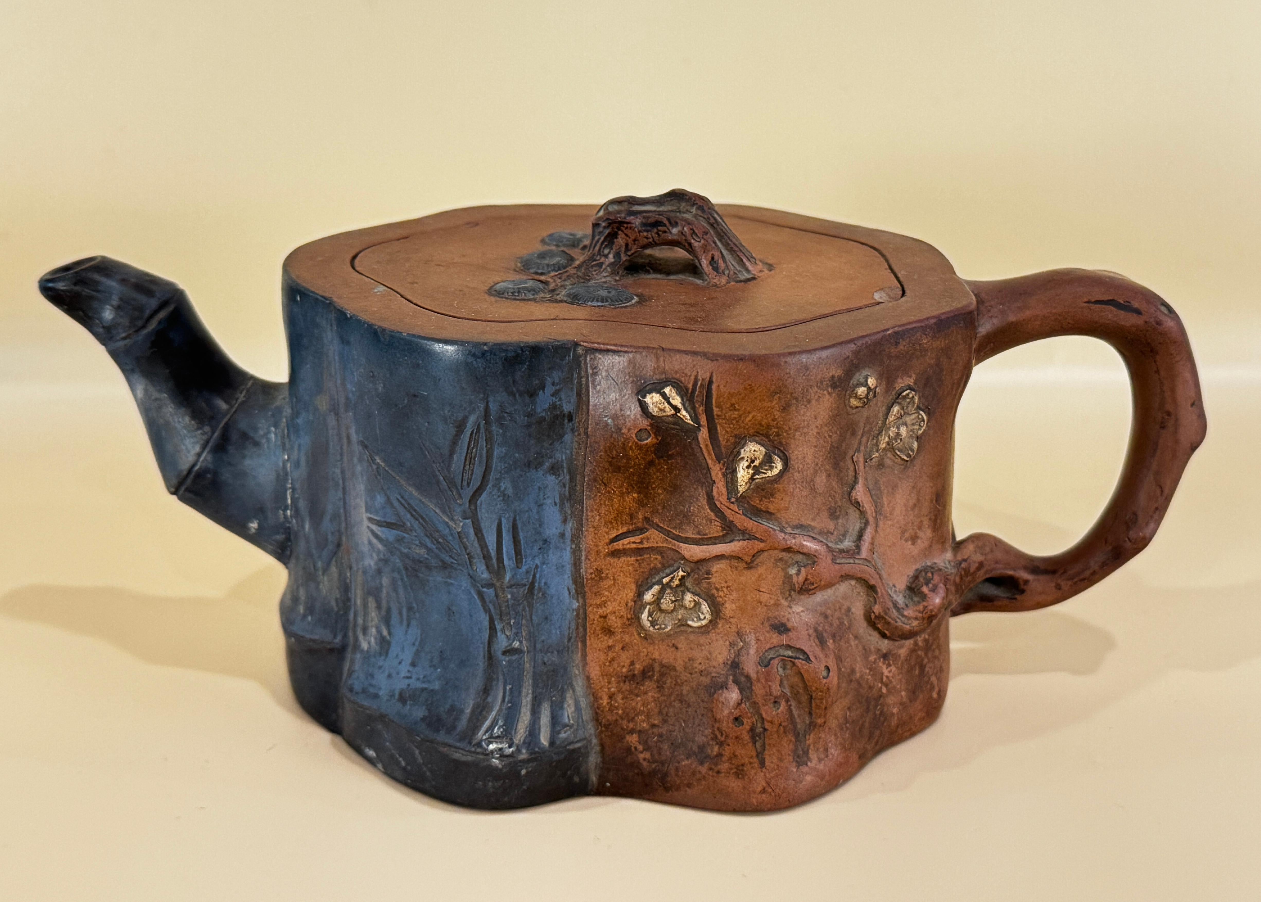 Three Chinese Yixing Clay Teapots with Bamboo Decoration For Sale 1