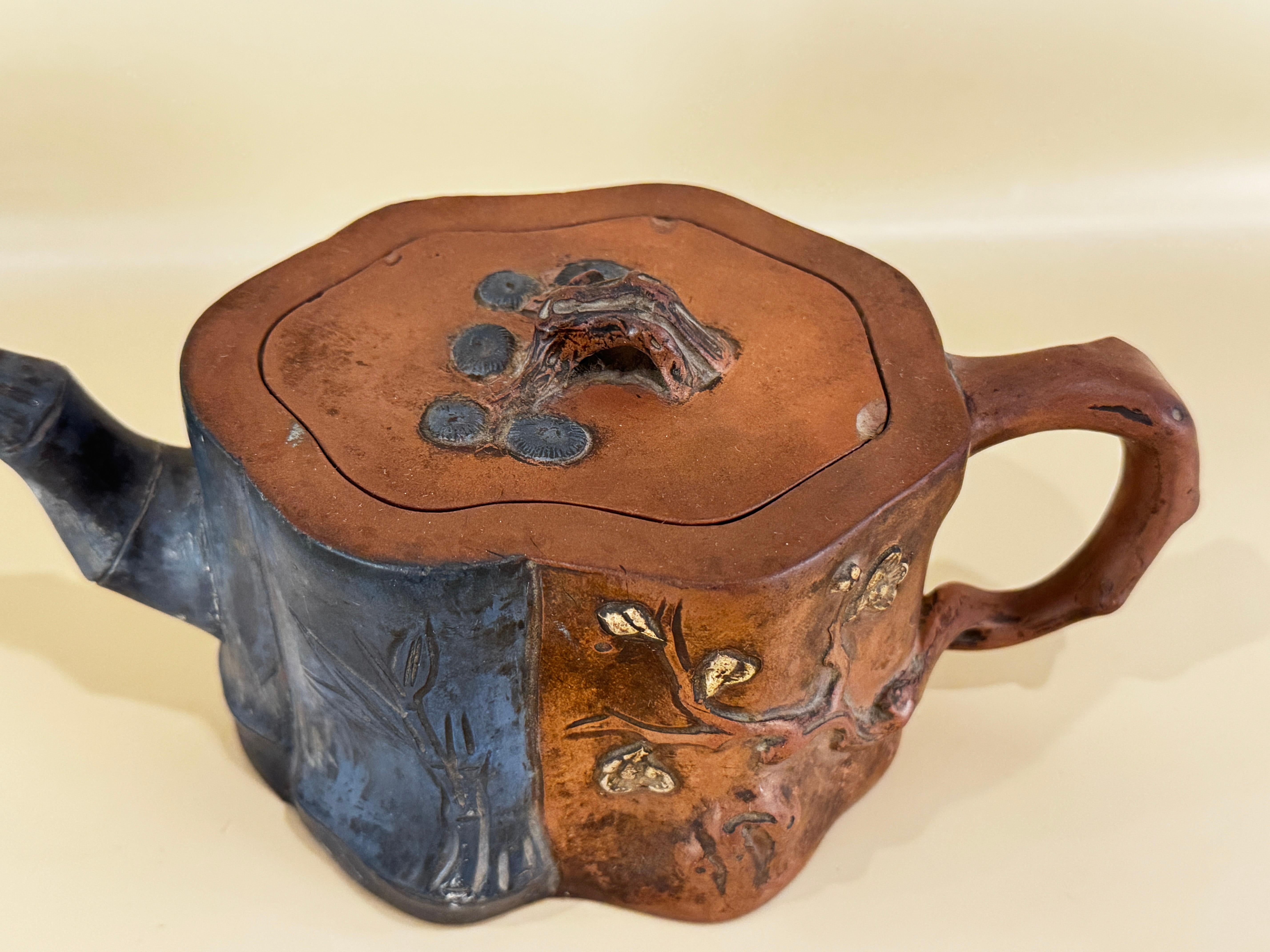 Three Chinese Yixing Clay Teapots with Bamboo Decoration For Sale 2