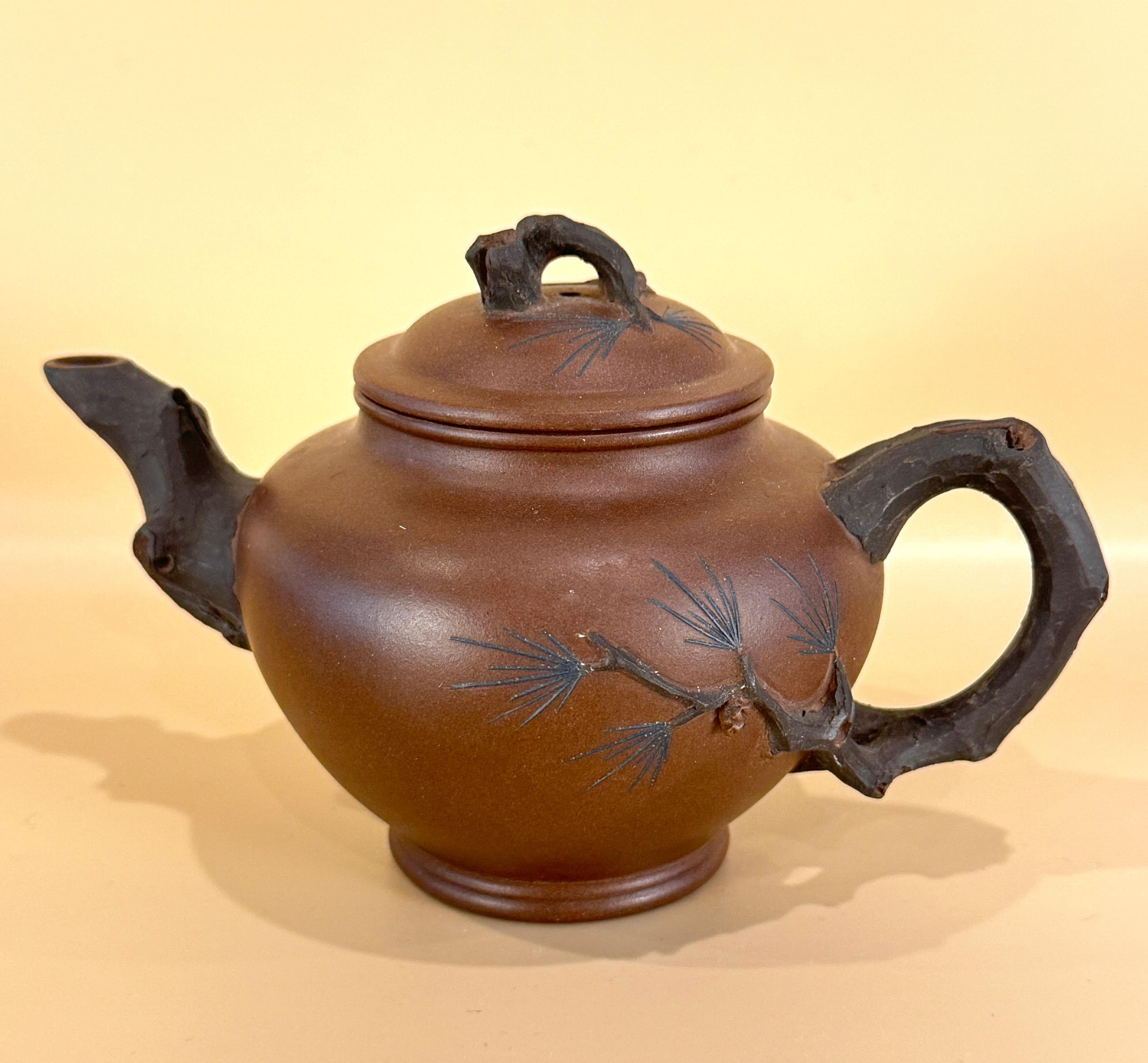 Three Chinese Yixing Clay Teapots with Bamboo Decoration For Sale 4