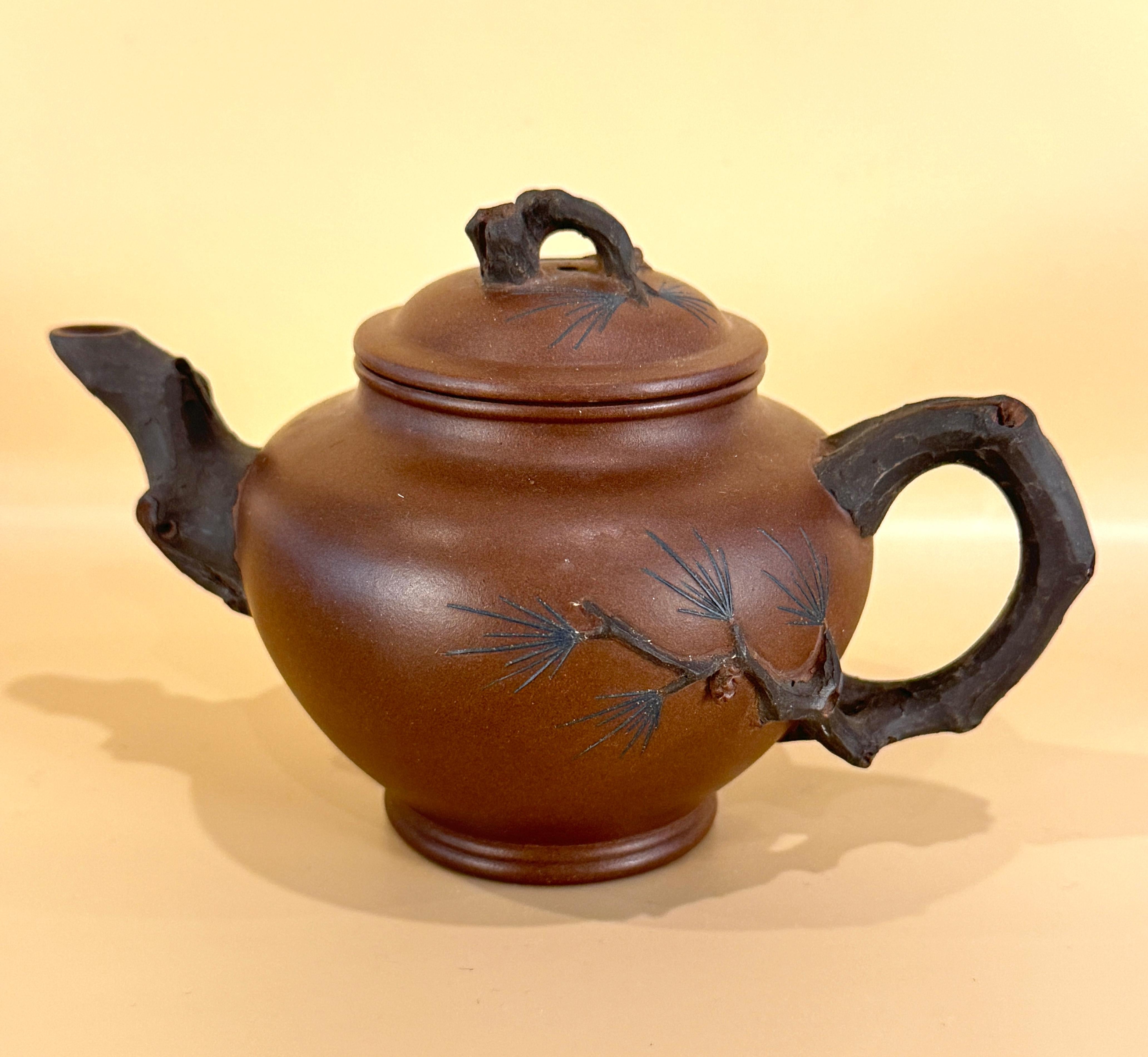 Three Chinese Yixing Clay Teapots with Bamboo Decoration For Sale 5