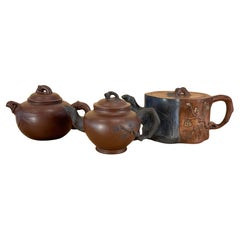 Three Chinese Yixing Clay Teapots with Bamboo Decoration
