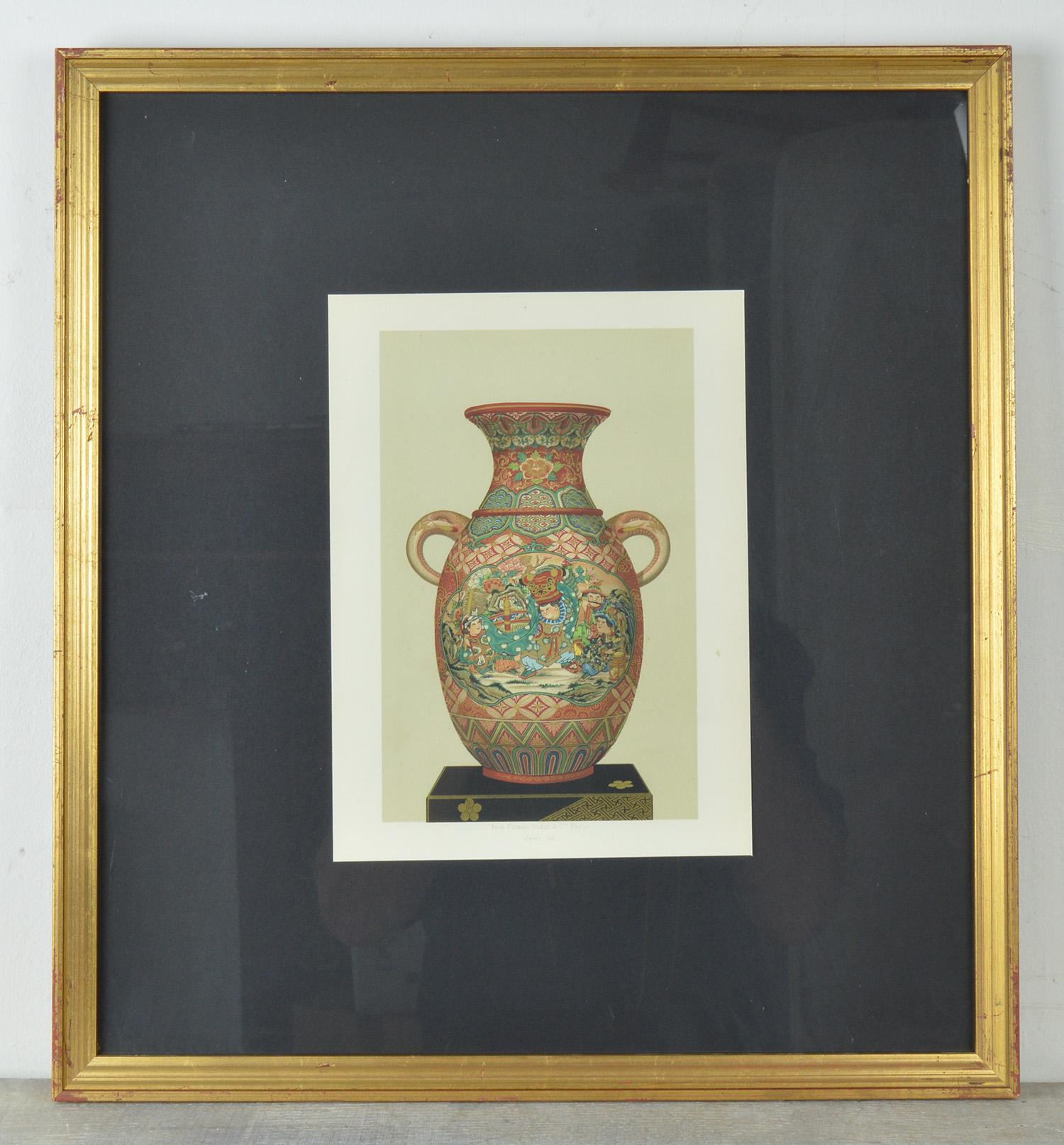 Three amazing chromolithographs of Japanese vases.

Published by Firmin Didot, Paris. circa 1870

Superb colors and detail.

I particularly like the gilt highlights.

Mounted on black card and presented in new gilt frames.

The measurement
