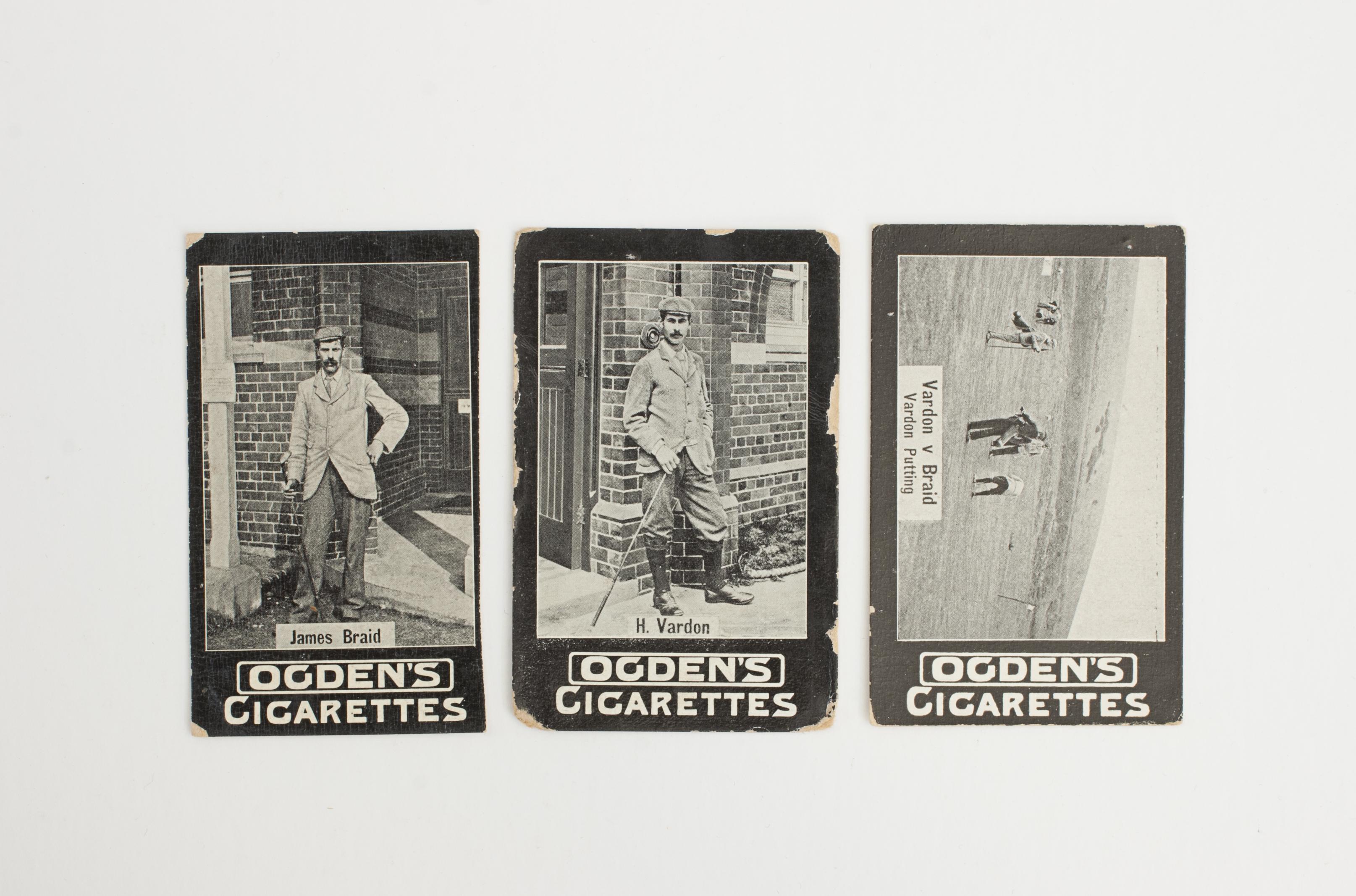 Ogden Tabs Golf Cigarette Cards.
The three 'Ogden's Cigarettes' cards show the Open Golf Champions of the past, James (misspelt 'John') Braid and Harry Vardon. The Ogden Tabs cards are from the 'F series, General Interest' which contained 420