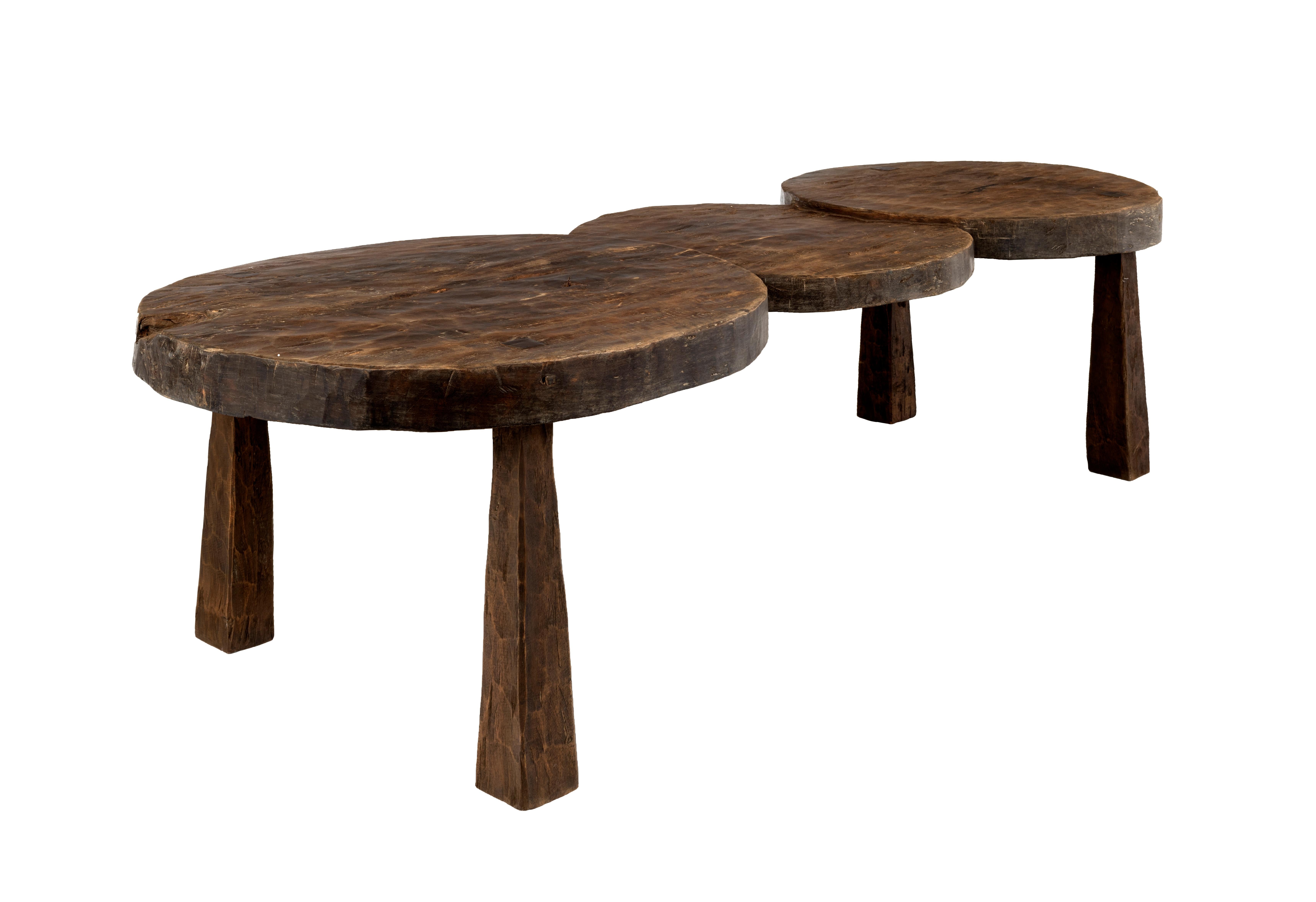 Organic Modern Three Circle Coffee Table or Bench Carved from One Plank