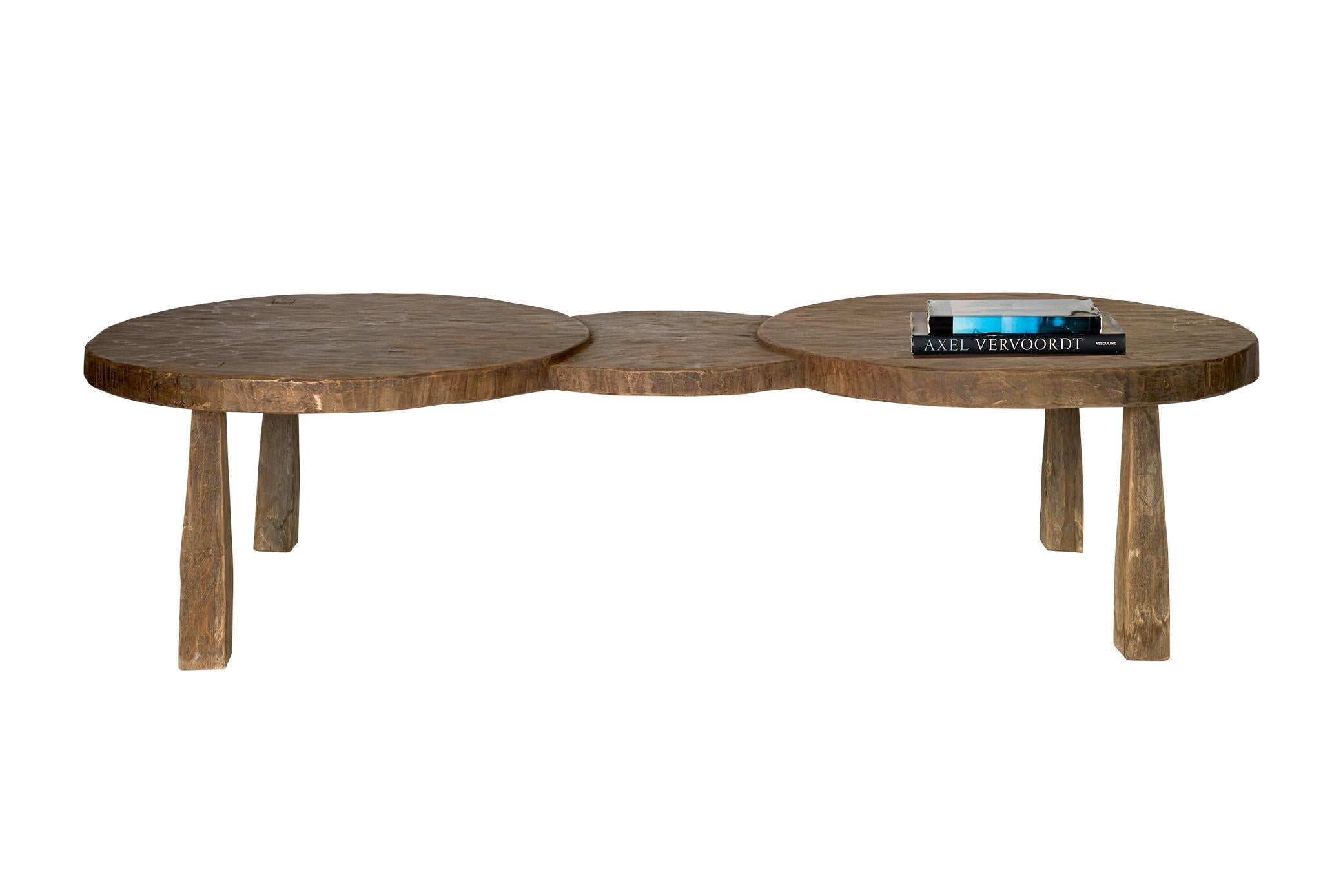 Organic Modern Three Circle Design Coffee Table in Weathered Elm For Sale