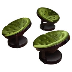 Vintage Three Circular Swivel Lounge Chairs Model 'Convair' Green Velvet by Oddmund Vad