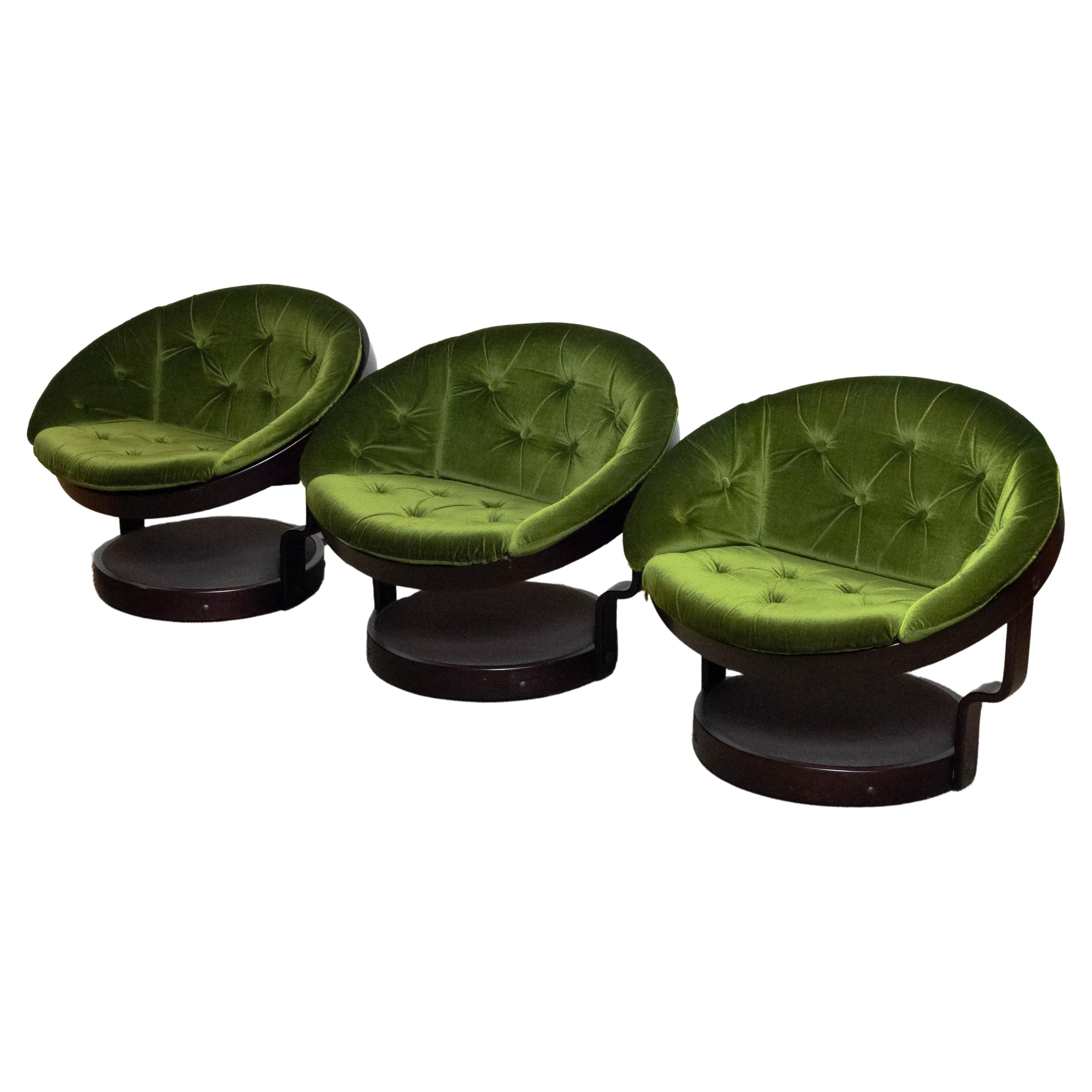 Three Circular Swivel Lounge Chairs Model 'Convair' Green Velvet by Oddmund Vad