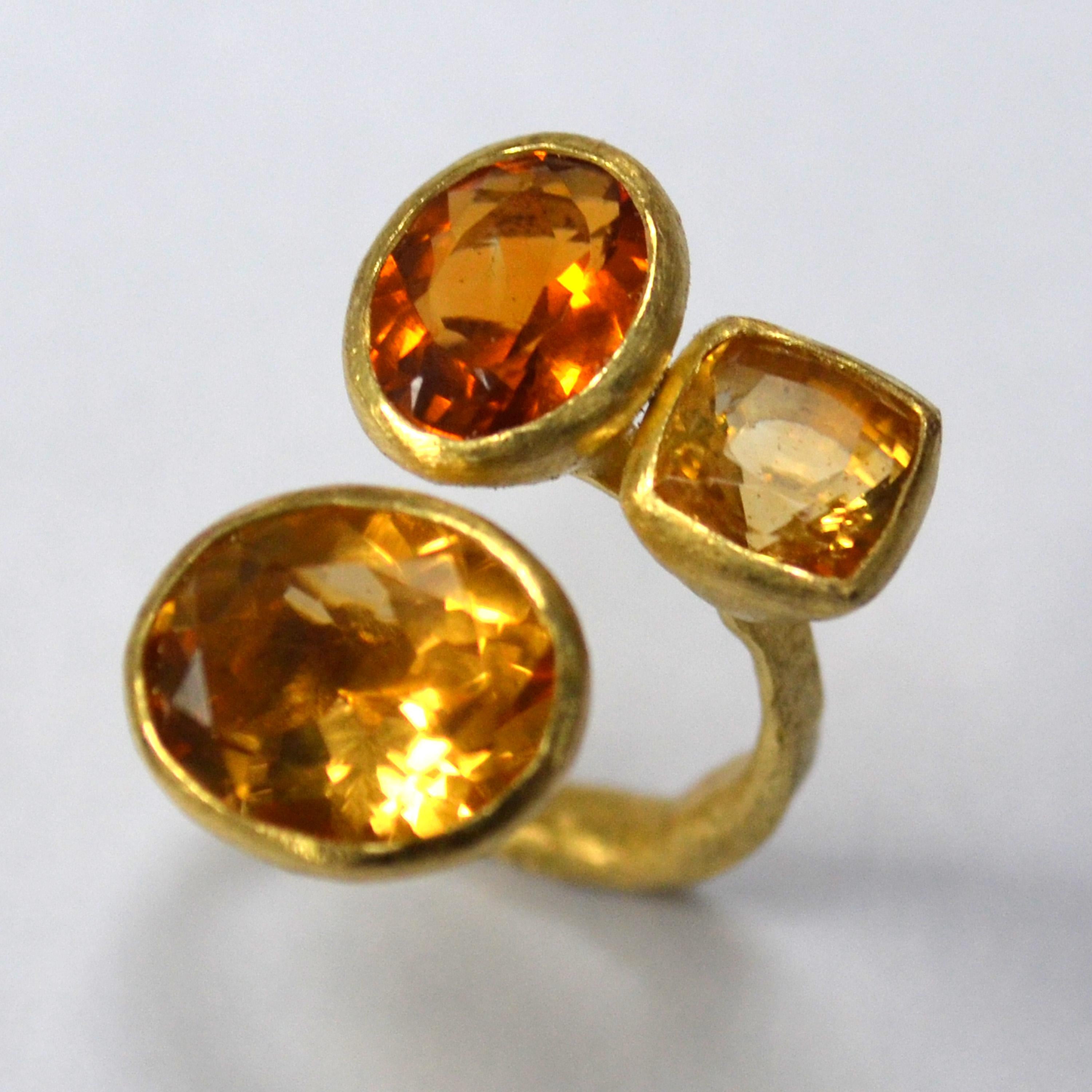 Three Citrine Cluster 18 Karat Gold Ring Handmade by Disa Allsopp In New Condition In London, GB
