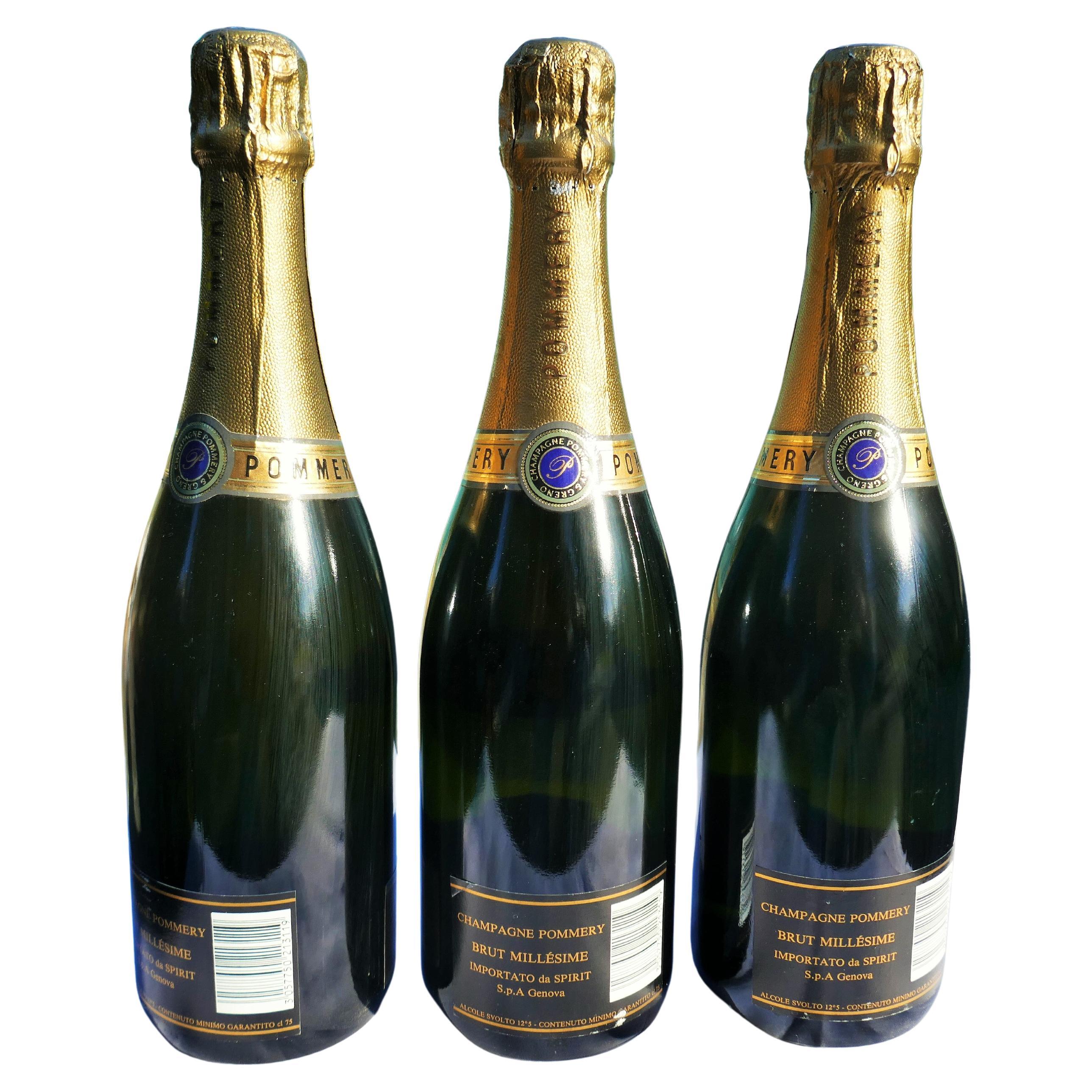 Glass Three closed collectible bottles with box Champagne Pommery 1983 For Sale