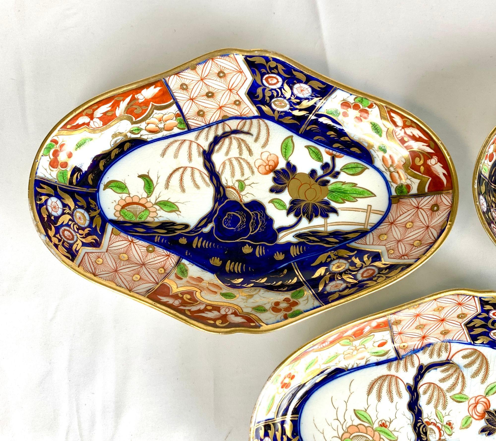 This set of three Coalport Money Tree pattern serving dishes was hand painted in England circa 1820.
This fabulous pattern is also known as the Rock and Tree pattern.
The color combinations are magnificent. rich cobalt blue, iron red, and gold are