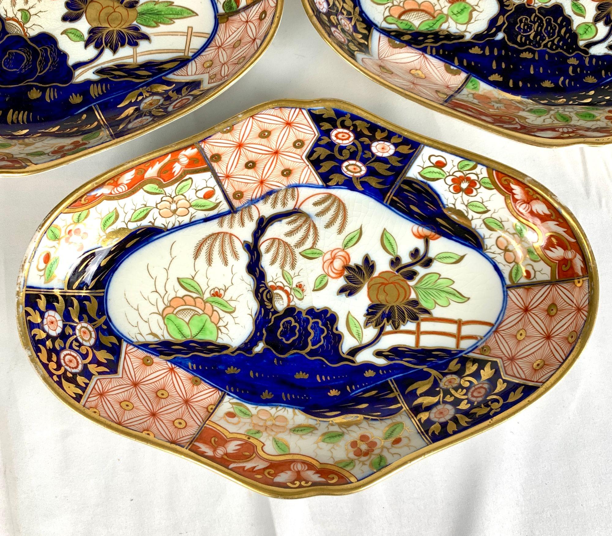 George III Three Coalport Money Tree Porcelain Serving Dishes Hand Painted England C-1820 For Sale