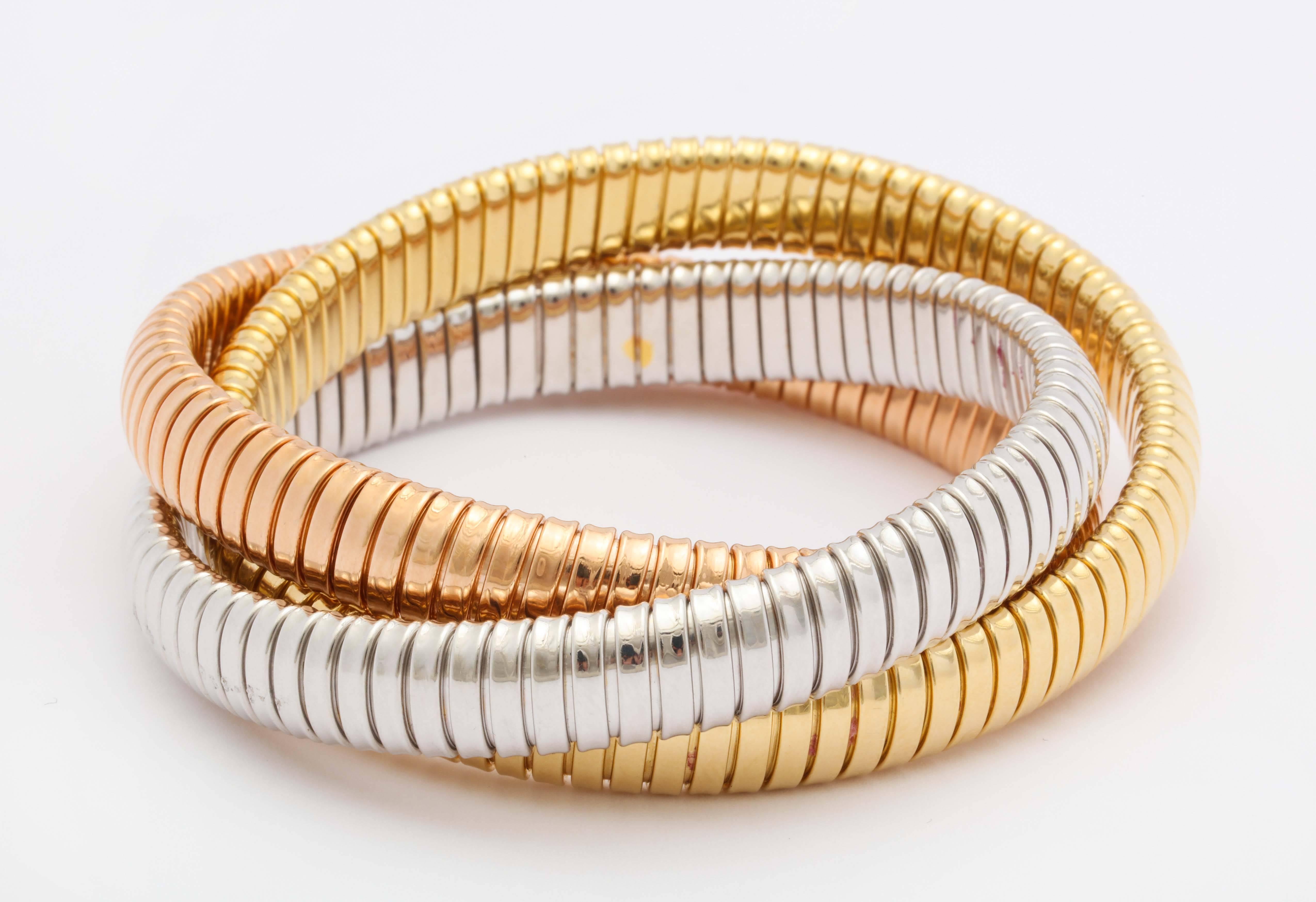 Three-Color Gold Tubogaz Rolling Bracelet In New Condition In New York, NY