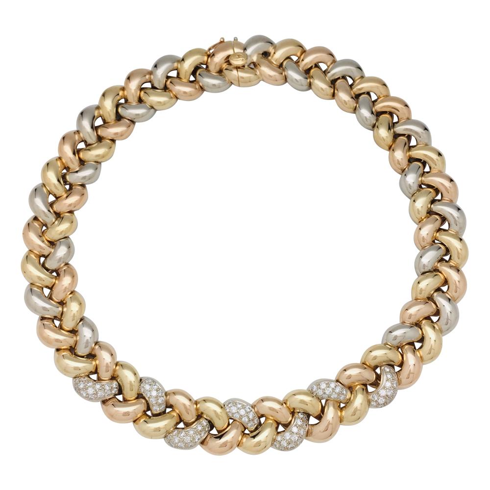 Poiray Necklace, three colours of gold designed as a braid with diamonds.