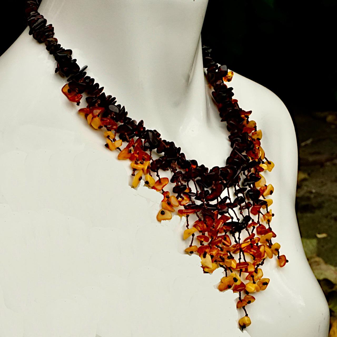 Mixed Cut Three Colour Polished Amber Bead Handmade Drop Necklace For Sale