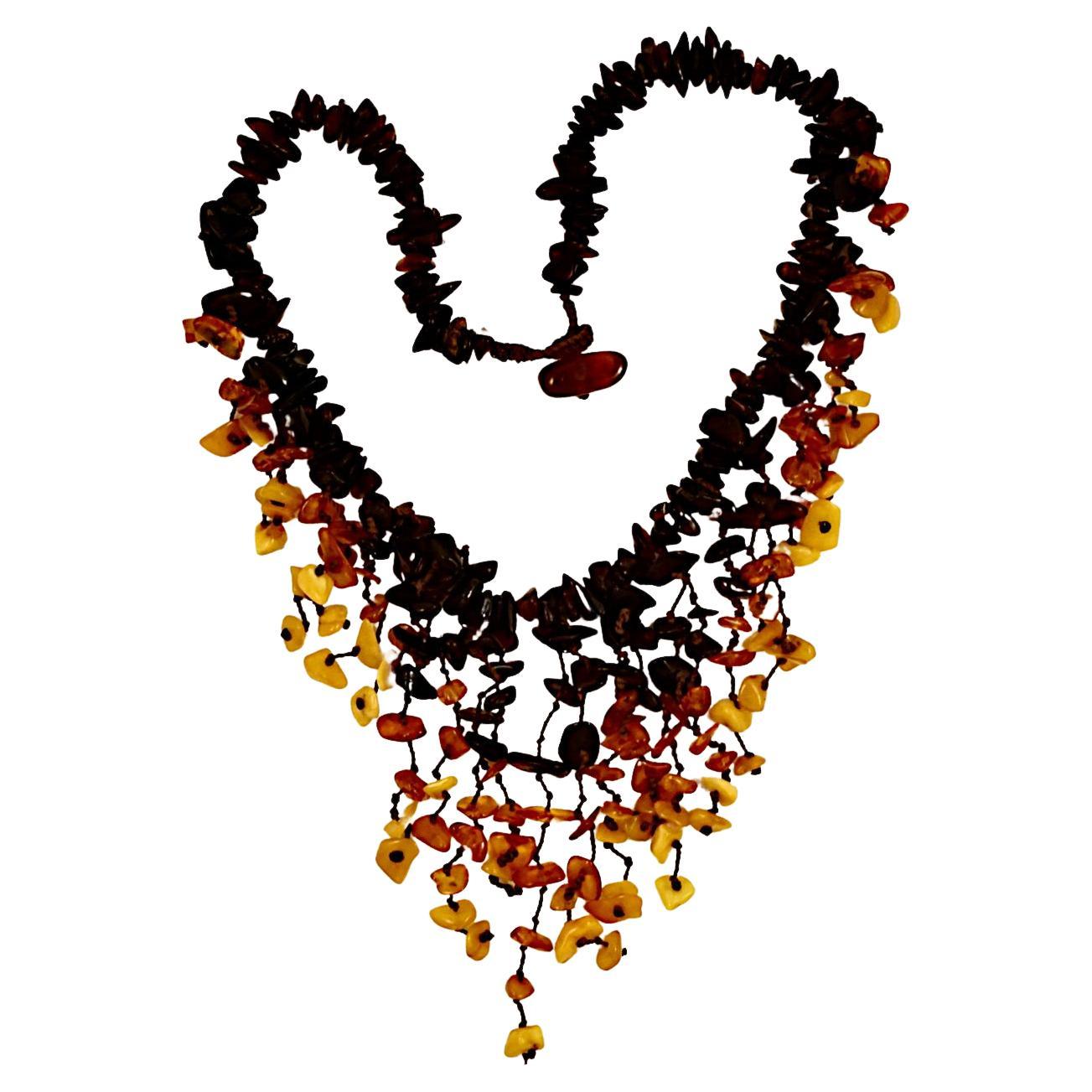 Three Colour Polished Amber Bead Handmade Drop Necklace For Sale
