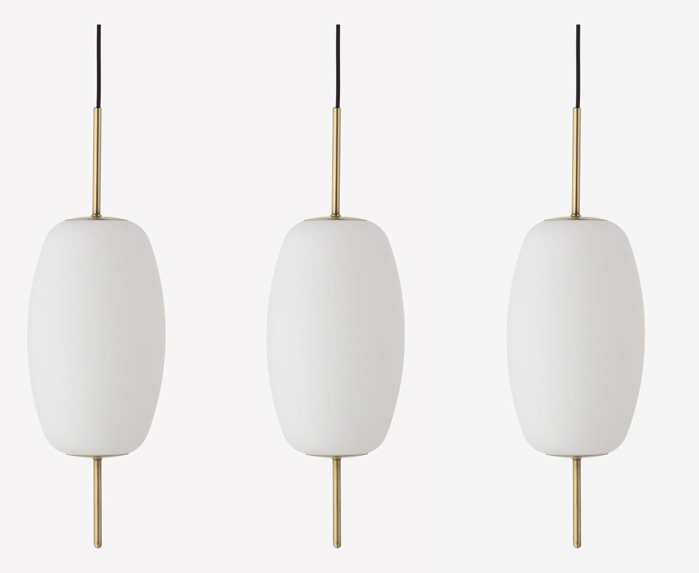 Brushed Three Contemporary Scandinavian Design Satin Glass Brass Light Pendants, Danmark For Sale
