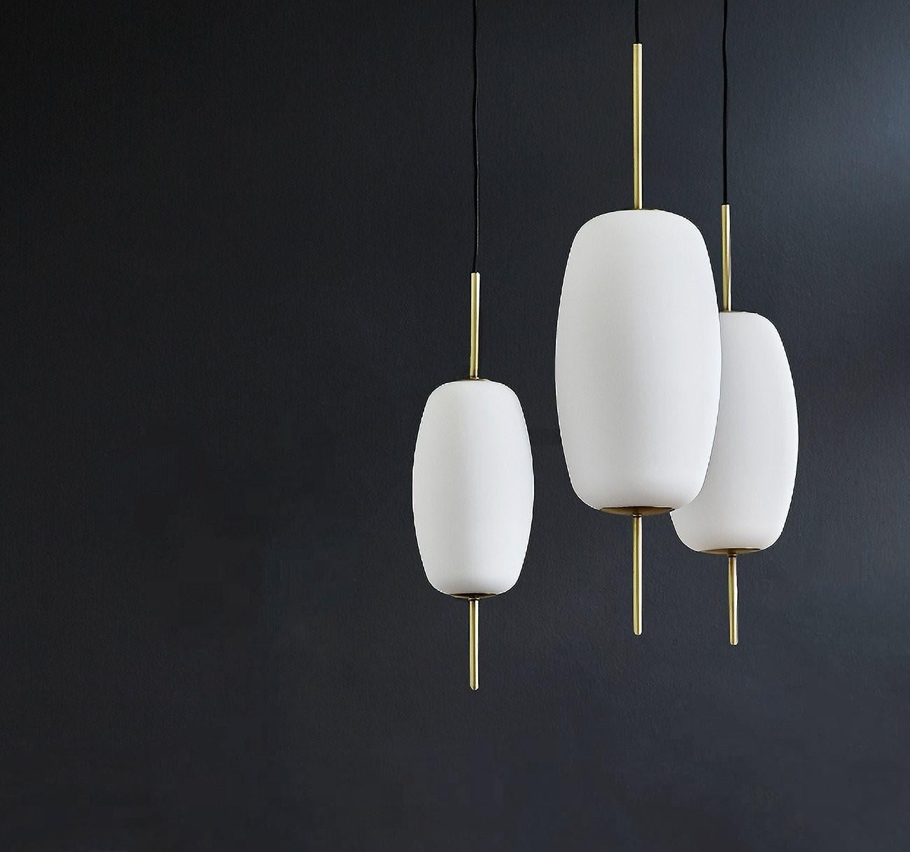 Three Contemporary Scandinavian Design Satin Glass Brass Light Pendants, Danmark For Sale 2