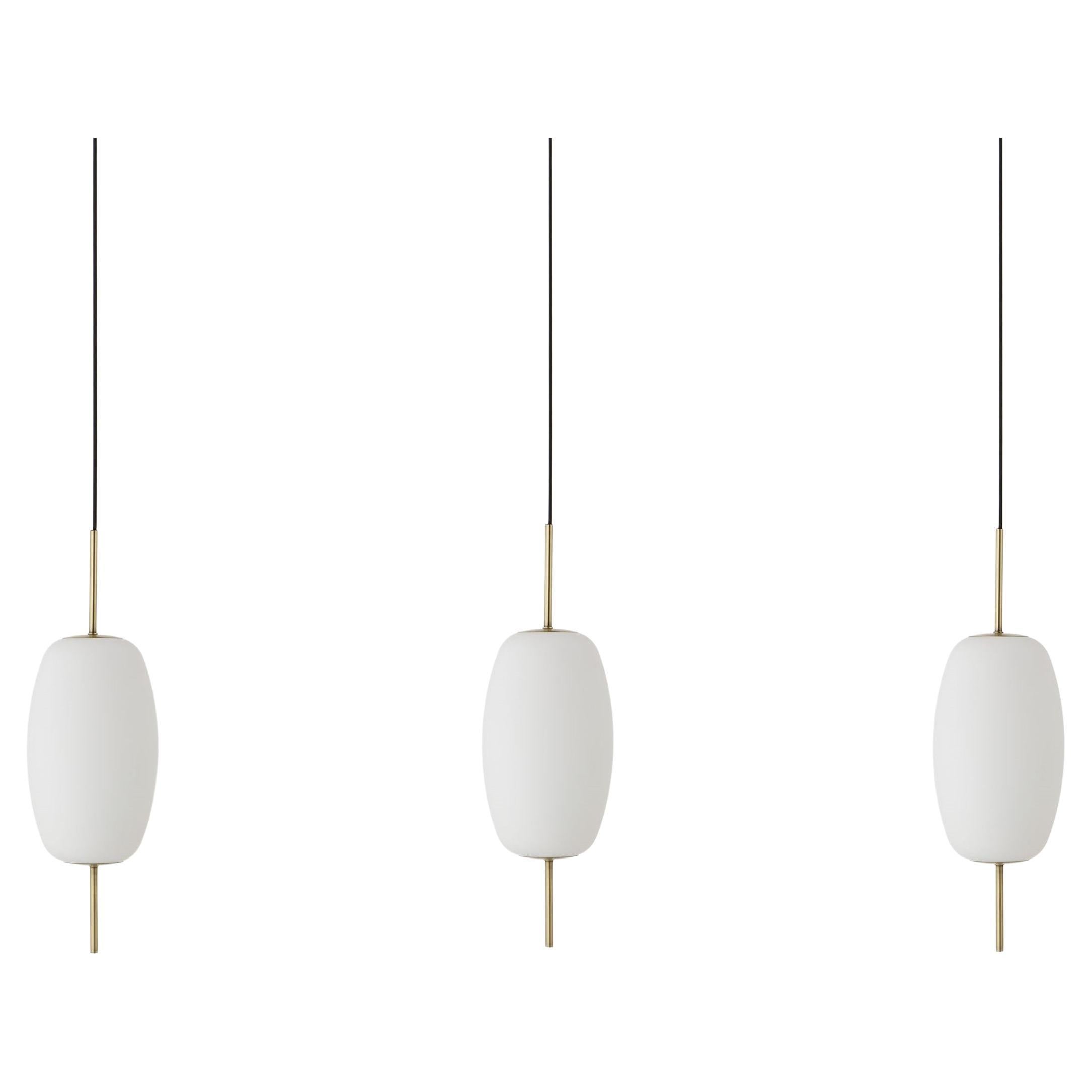 Three Contemporary Scandinavian Design Satin Glass Brass Light Pendants, Danmark For Sale