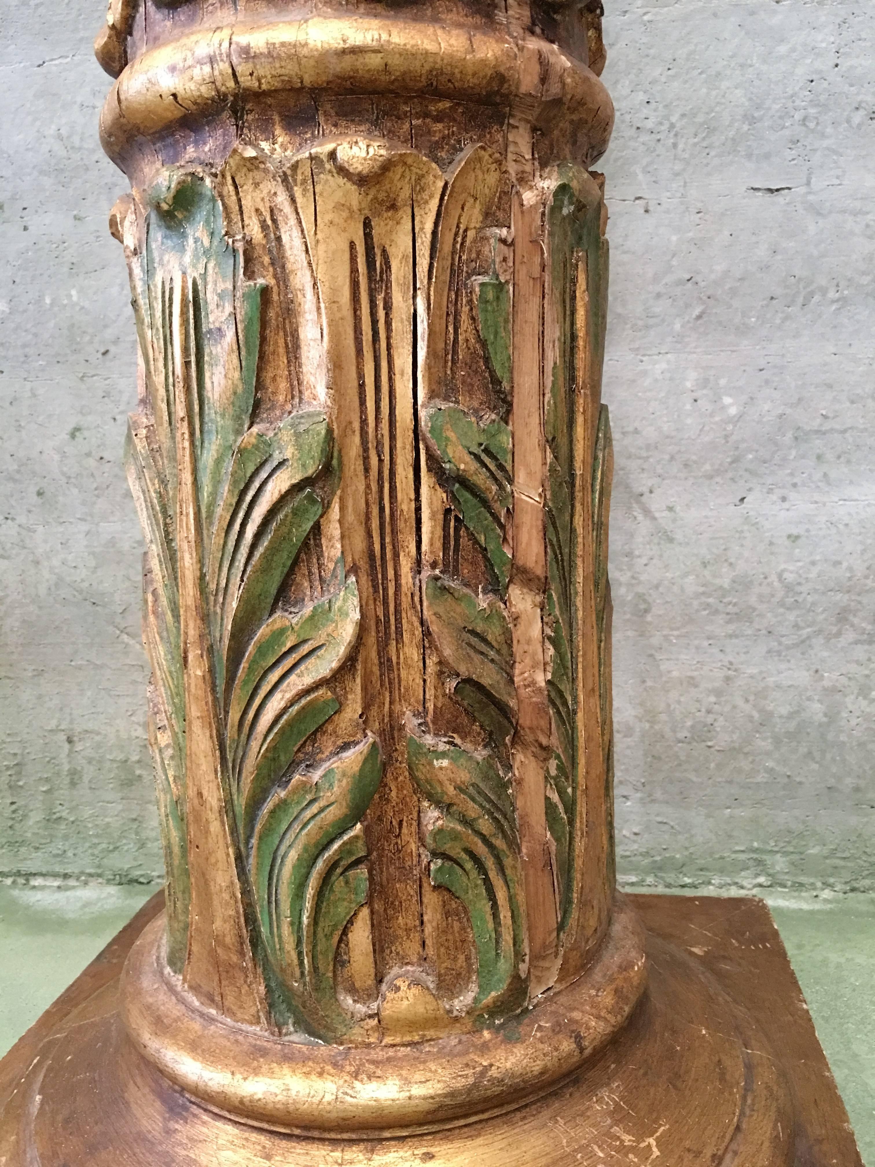 20th Century Spanish Carved Gilt Polychrome Wood Corinthian Columns.Set of three For Sale 3
