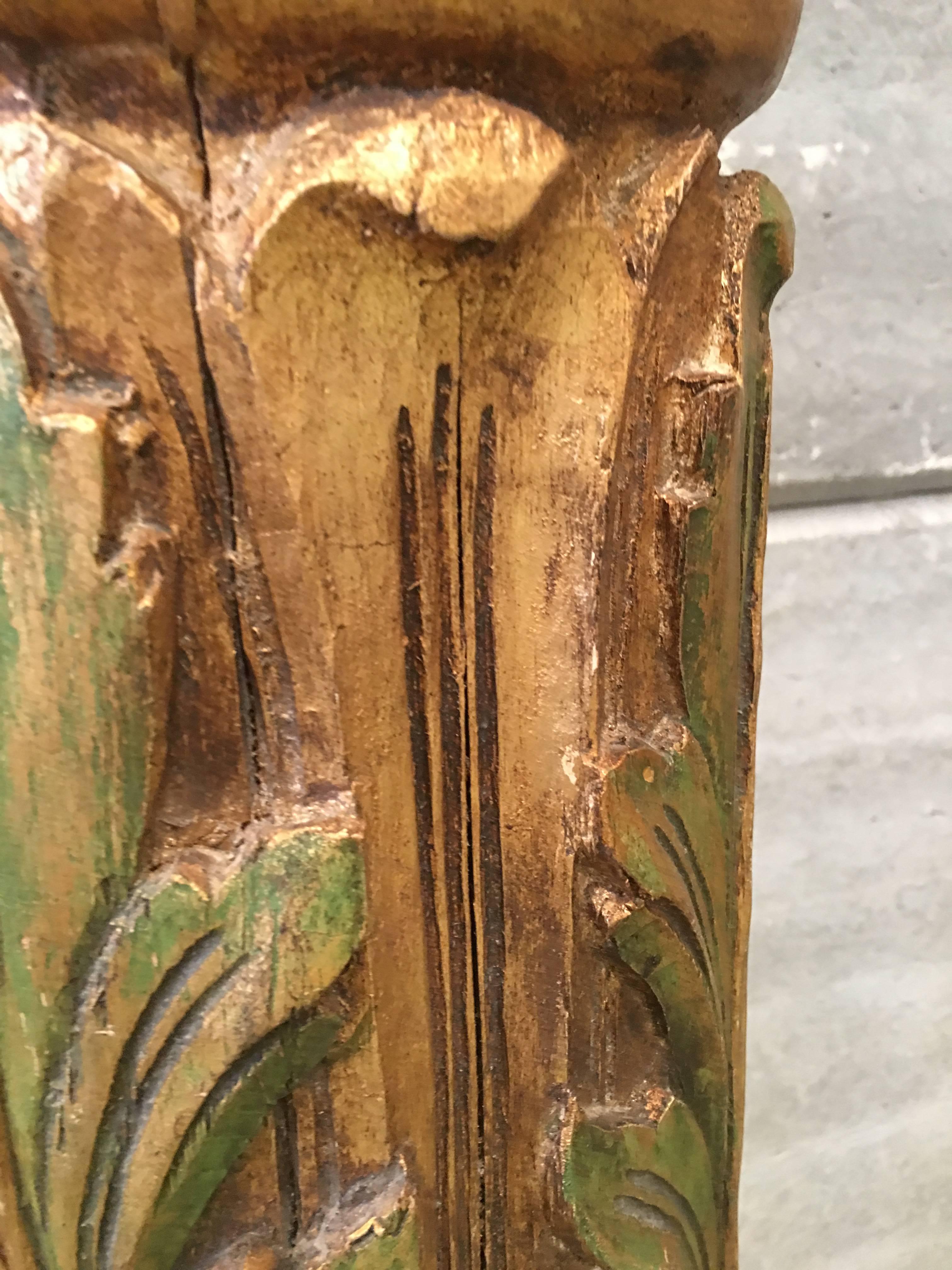 20th Century Spanish Carved Gilt Polychrome Wood Corinthian Columns.Set of three For Sale 4