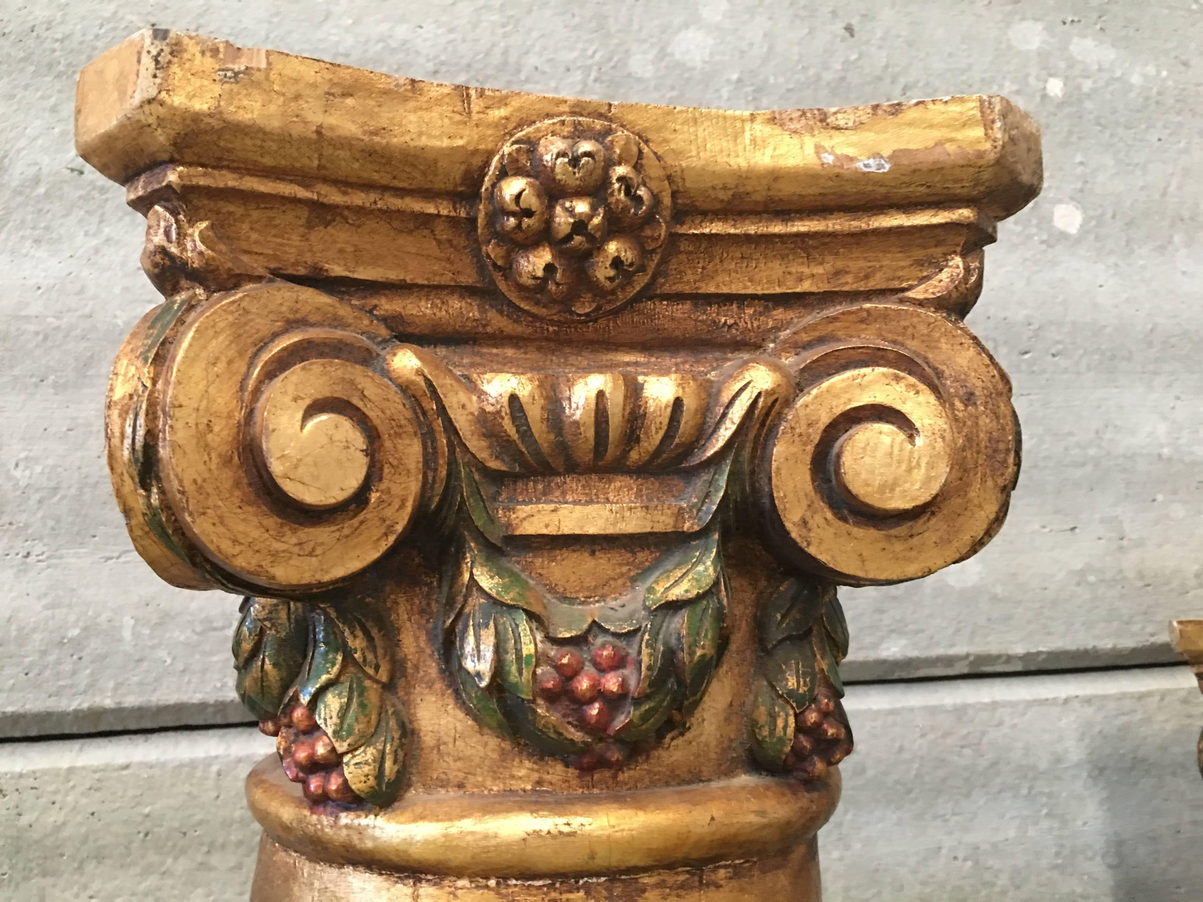 Greco Roman 20th Century Spanish Carved Gilt Polychrome Wood Corinthian Columns.Set of three For Sale
