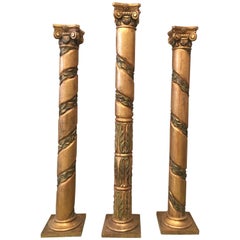 20th Century Spanish Carved Gilt Polychrome Wood Corinthian Columns.Set of three