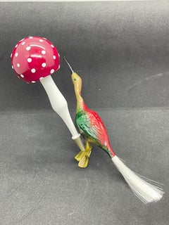 Three Crane Bird and Mushroom Christmas Tree Clip-On Ornaments Vintage German