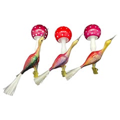 Three Crane Bird and Mushroom Christmas Tree Clip-On Ornaments Retro German