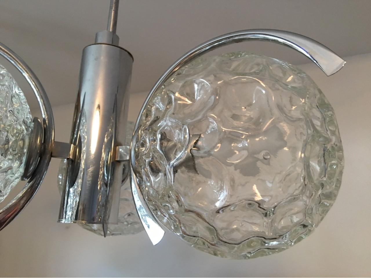 Mid-Century Modern Three Crater Glass Ball and Chrome Chandelier For Sale